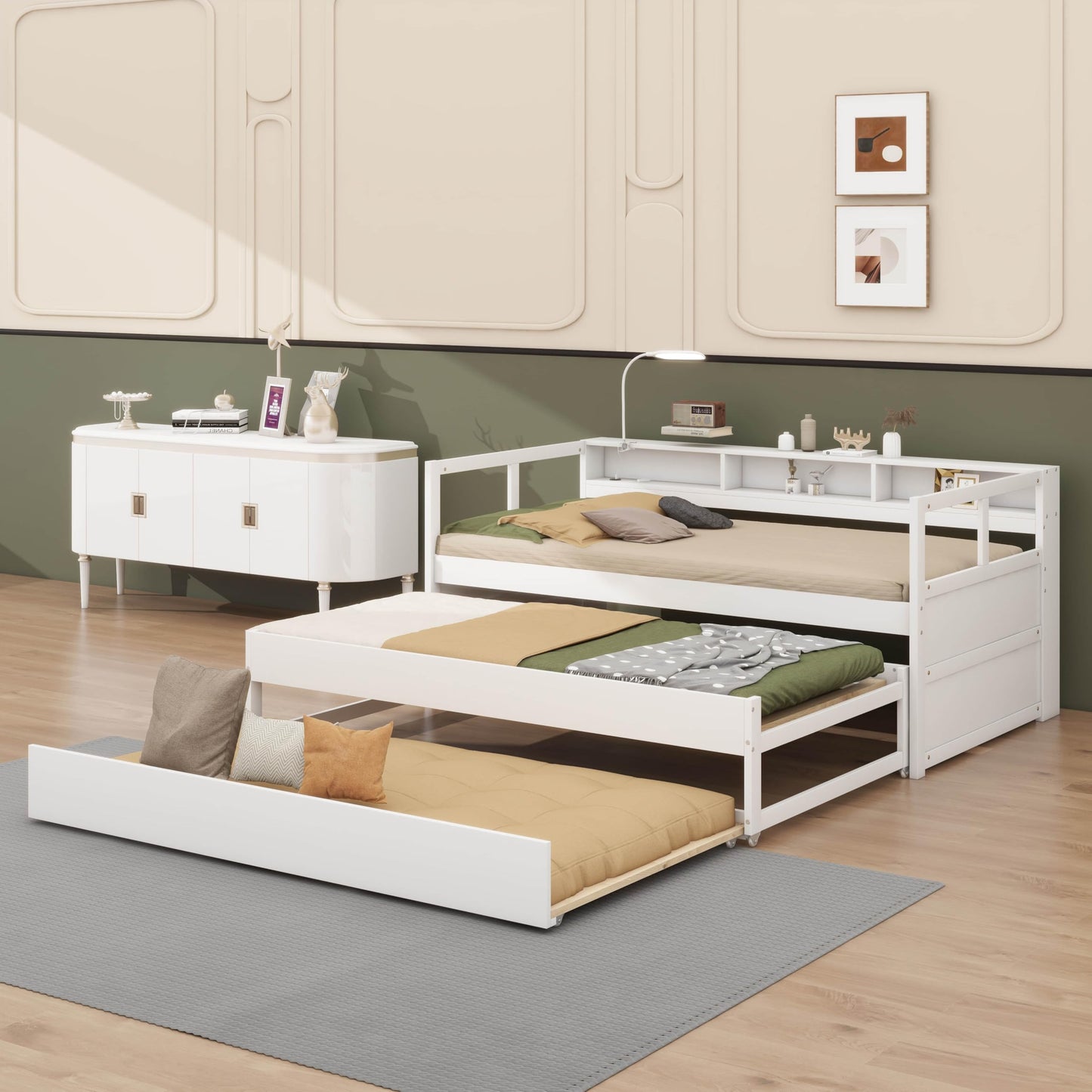 YunNianYang Twin XL Wood Daybed with 2 Trundles, 3 Storage Cubbies, 1 Light for Free and USB Charging Design (White)