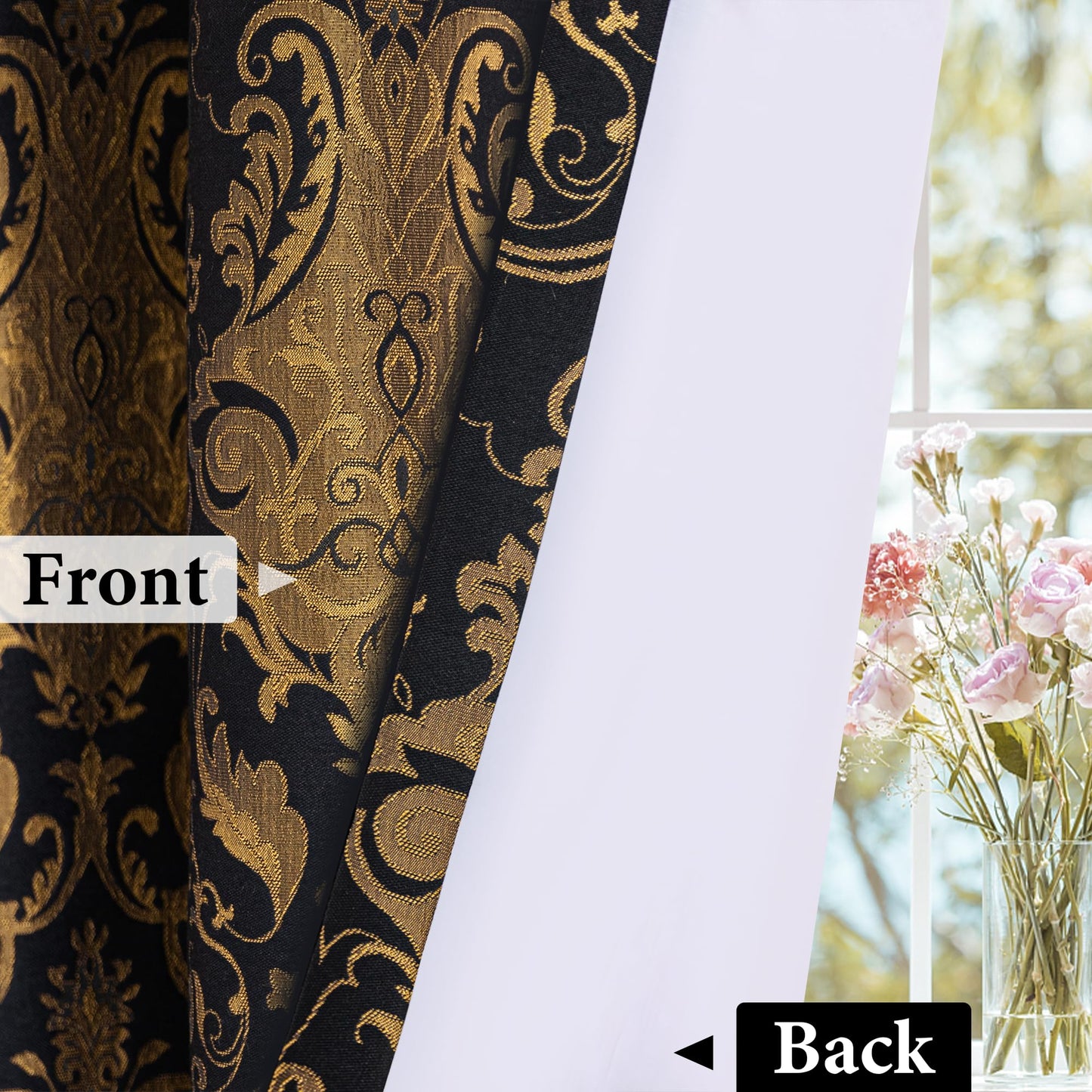 Loom and Mill Luxury Black Damask Curtains for Bedroom, Textured Lined Jacquard Curtains 2 Panels with Tiebacks, Window Curtain for Living Room Banquet Halloween Decor, Rod Pocket(52”x 84”, 2 Panels)