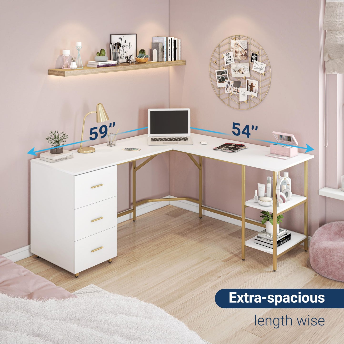Techni Mobili L Shaped Desk - Two-Toned Computer Desk with Drawers & Storage Shelves - Simple Modern Furniture & Home Office Space Corner Table for Work & Writing