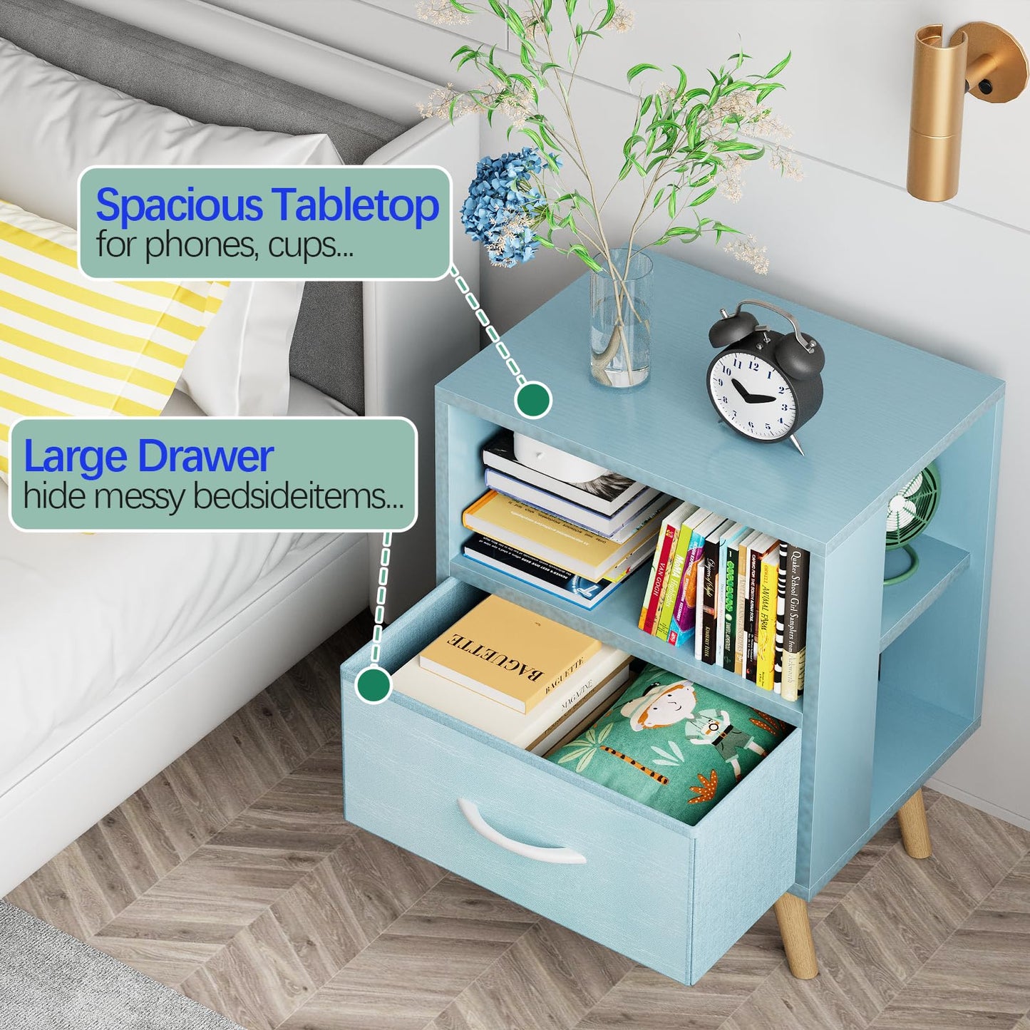 Aenuert Night Stand, Blue Kids Nightstand with Drawer, Nursery Side Table with Open Storage, 2-Tier Modern End Table, Bedside Table for Small Space, Living Room, Bedroom
