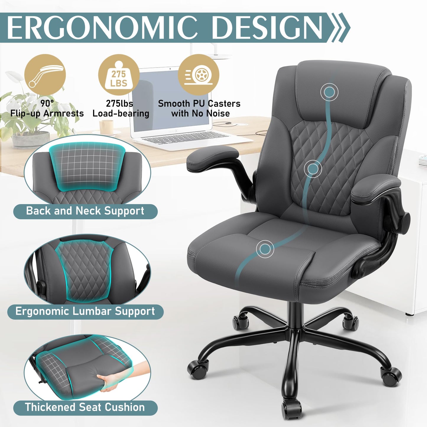 Leather Office Chair, PU Home Computer Desk Chairs with Ergonomic Back Support, 360°Swivel Free，Small Gaming Chair with Wheels and Adjustable Armrests, for Short People Use