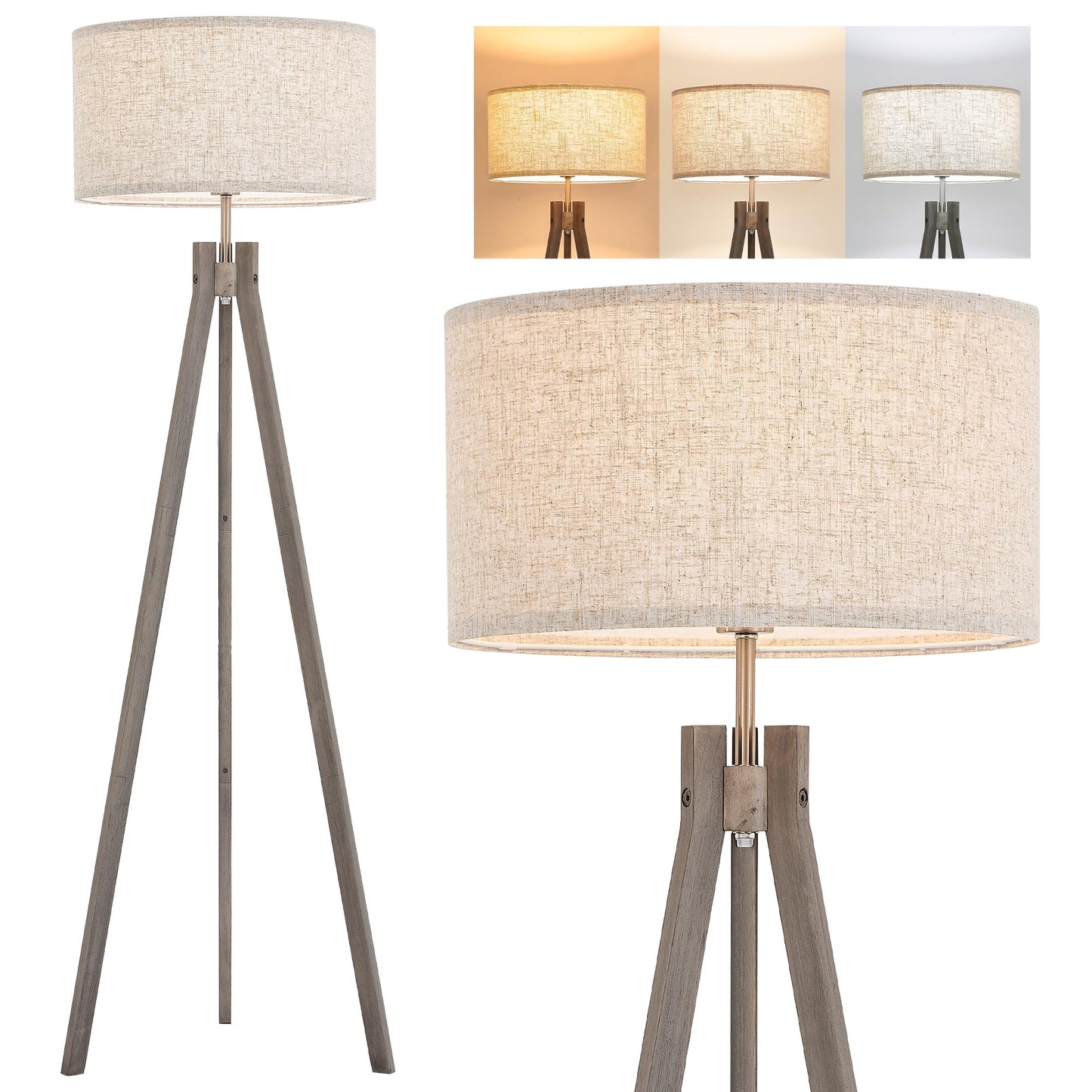 ELYONA Farmhouse Wood Tripod Floor Lamp, Modern Reading Standing Lamp with 3 Color Temperatures LED Blub & Nature Linen Shade, Night Light for Living Room, Bedroom, Study Room, Office, Grey