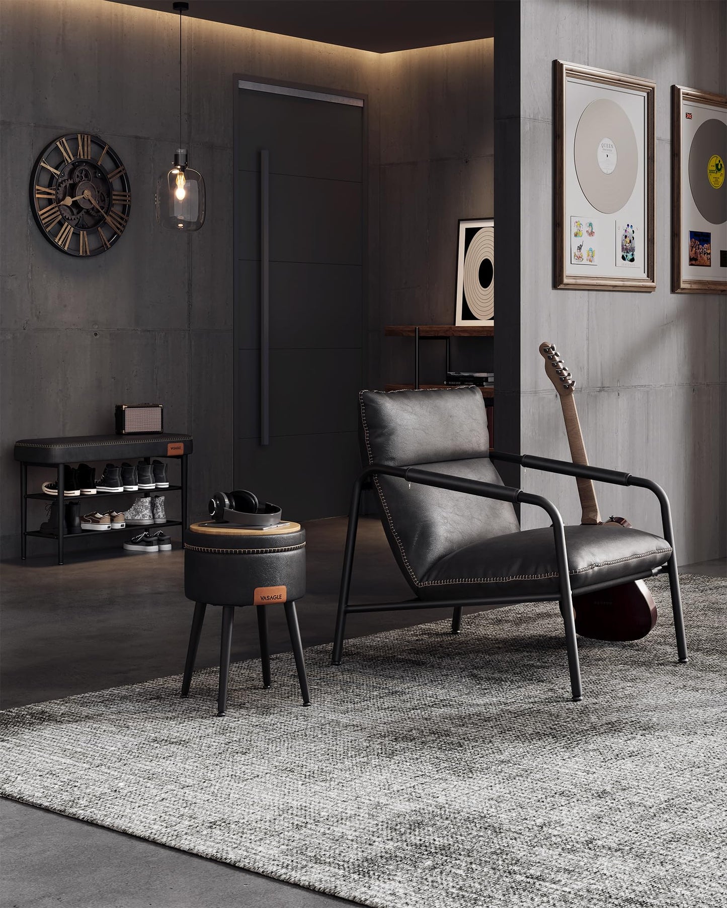 VASAGLE EKHO Collection - Accent Chair, Metal Framed Armchair, Synthetic Leather with Stitching, Mid-Century Modern, Sling Chair for Living, Bedroom, Reading Room, Lounge, Ink Black ULAC014B01