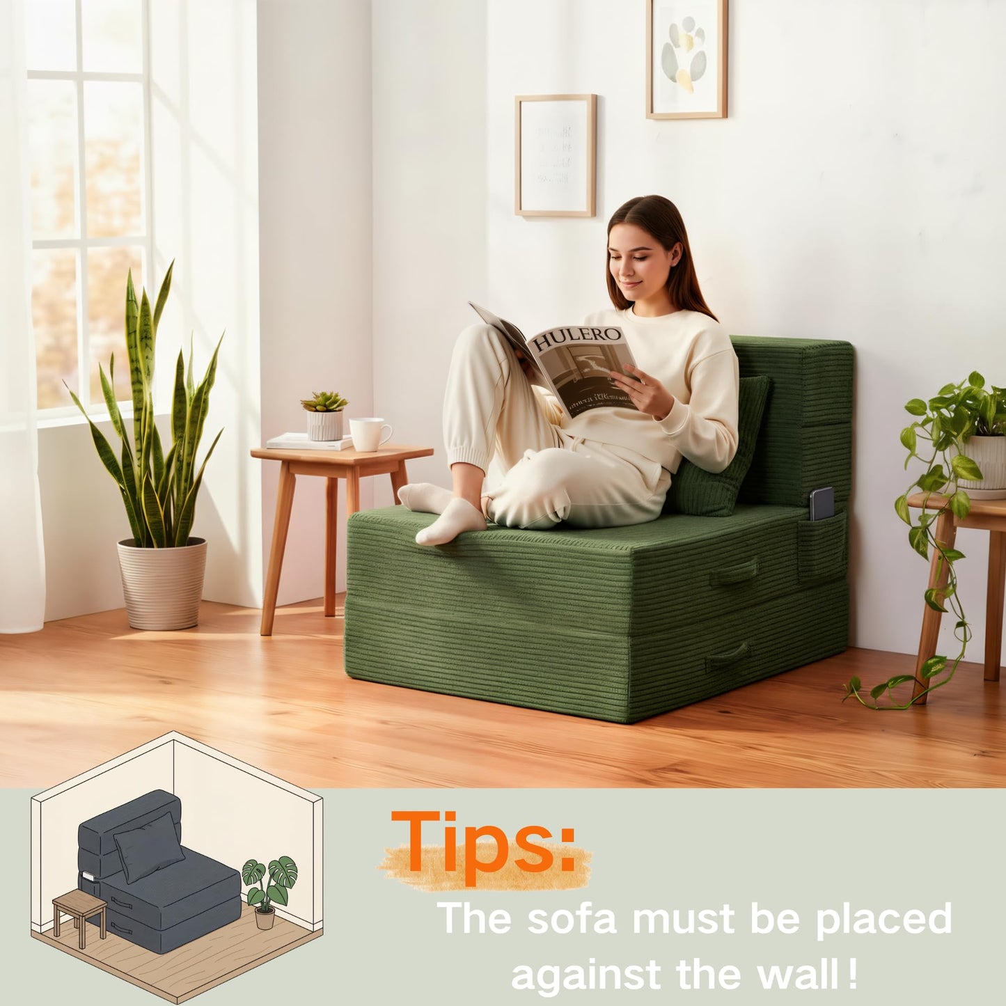 HILERO Folding Sofa Bed, 4 in 1 Convertible Sleeper Chair with Pillow, Single Memory Foam Fold Out Chair Bed, Modern Floor Futon Sofa Couch Mattress for Living Room/Guest/Apartment, Green