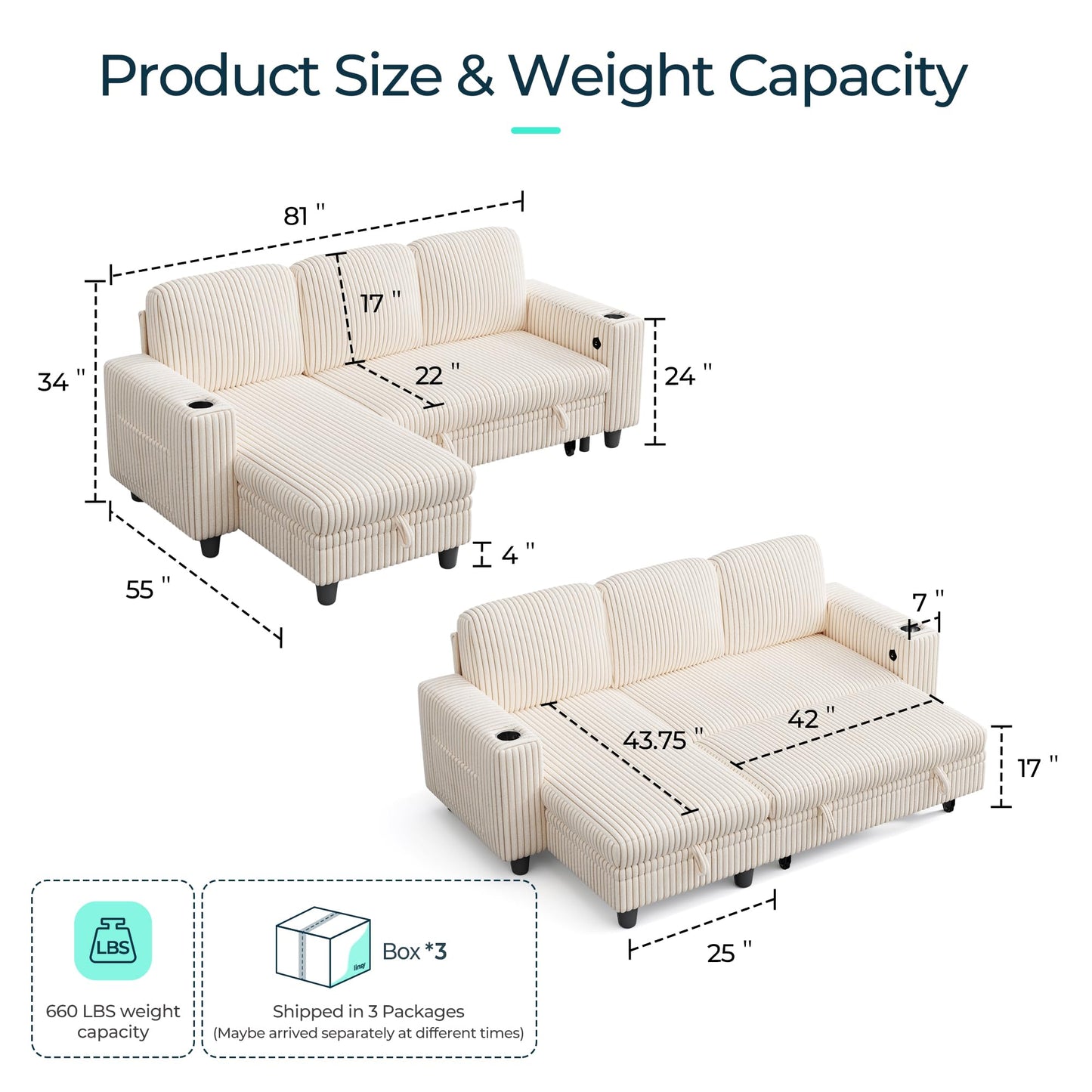 LINSY HOME Sectional Sleeper Sofa Pull Out Couches for Living Room (Beige, Sleeper Sofa 1) | Pull Out Sofa Bed, Storage, USB Charging, Cup Holders, Plush Corduroy
