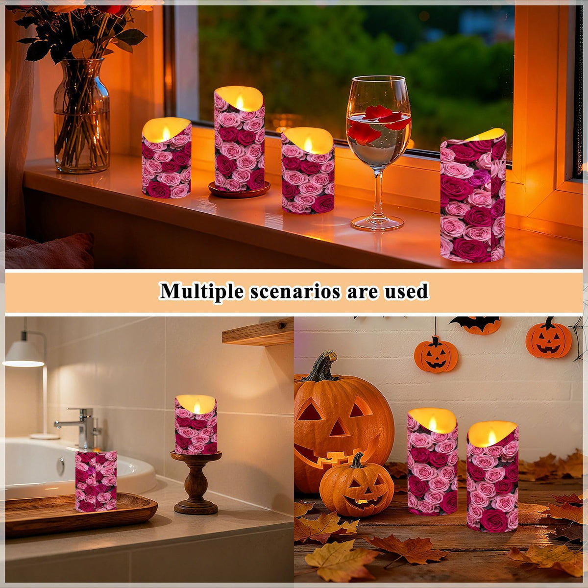 ALAZA Hot Pink Roses Flickering Flameless Candles Battery Operated with Remote Timer,Tea Light Candles LED Pillar Votive Set of 2 for Outdoor Indoor Decorations 3" x5.9"