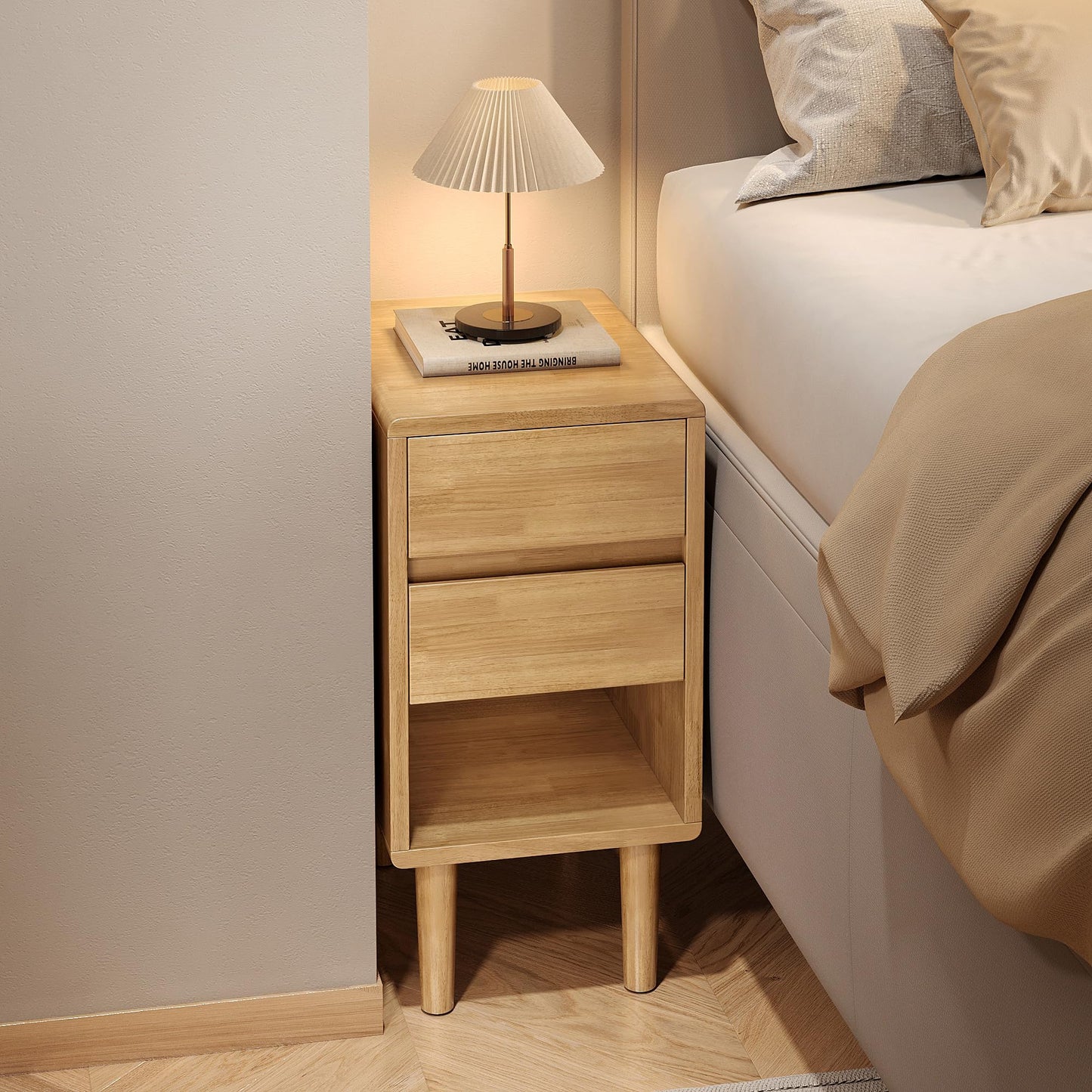 Nightstand 2 Drawers with Open Shelf Narrow Night Stand Solid Wood Bedside Table Mid Century Modern Nightstand Wooden End Table for Bedroom, Study, Office