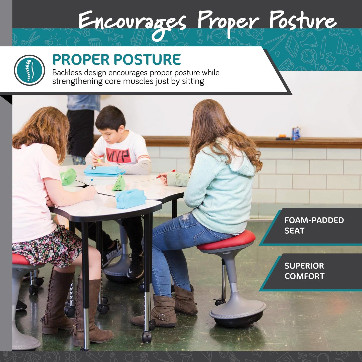 Learniture Adjustable Height Active Learning Stool for Office Desks and Classrooms, Foam-Padded Backless Wobble Stool with Rocking Motion, Black