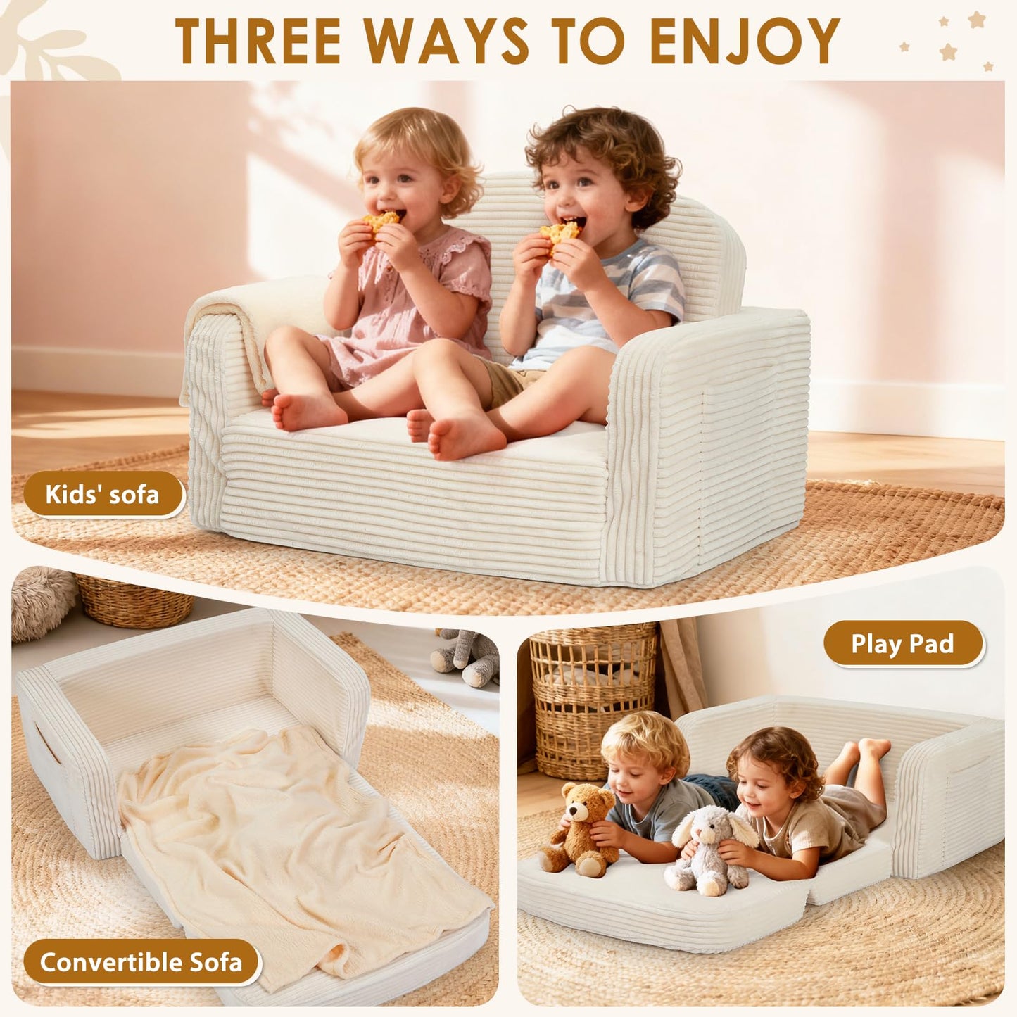Foryoomi Extra Wide 2 in 1 Convertible Toddler Kids Couch - Corduroy Fold Out Kids Sofa Chair with Blanket, Comfy Comfortable Toddler Chair, Machine-Washable Cover, for Boys Girls, Cream