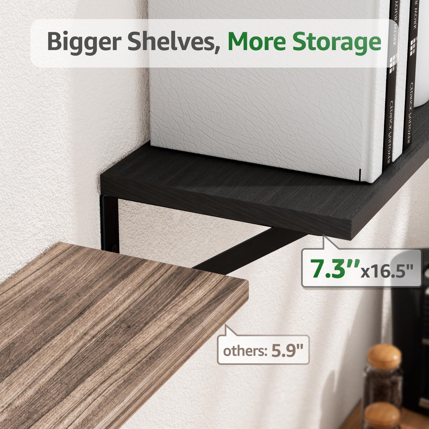 COCOYA Wall Shelves 7.3" Deep Set of 3, Solid Paulownia Wood Wider Longer Sturdy Easy to Install Wall Mounted Bookshelves Storage Shelves Bathroom Home Office Laundry Room Bedroom Organizer Black