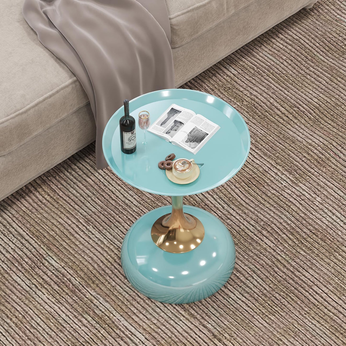 wangbochuan 1-Pack Light Green Sleek Hourglass Side Table - Glossy Finish & Metallic Base | Contemporary Accent End Table for Living Room, Cafe & Home Decor Spaces