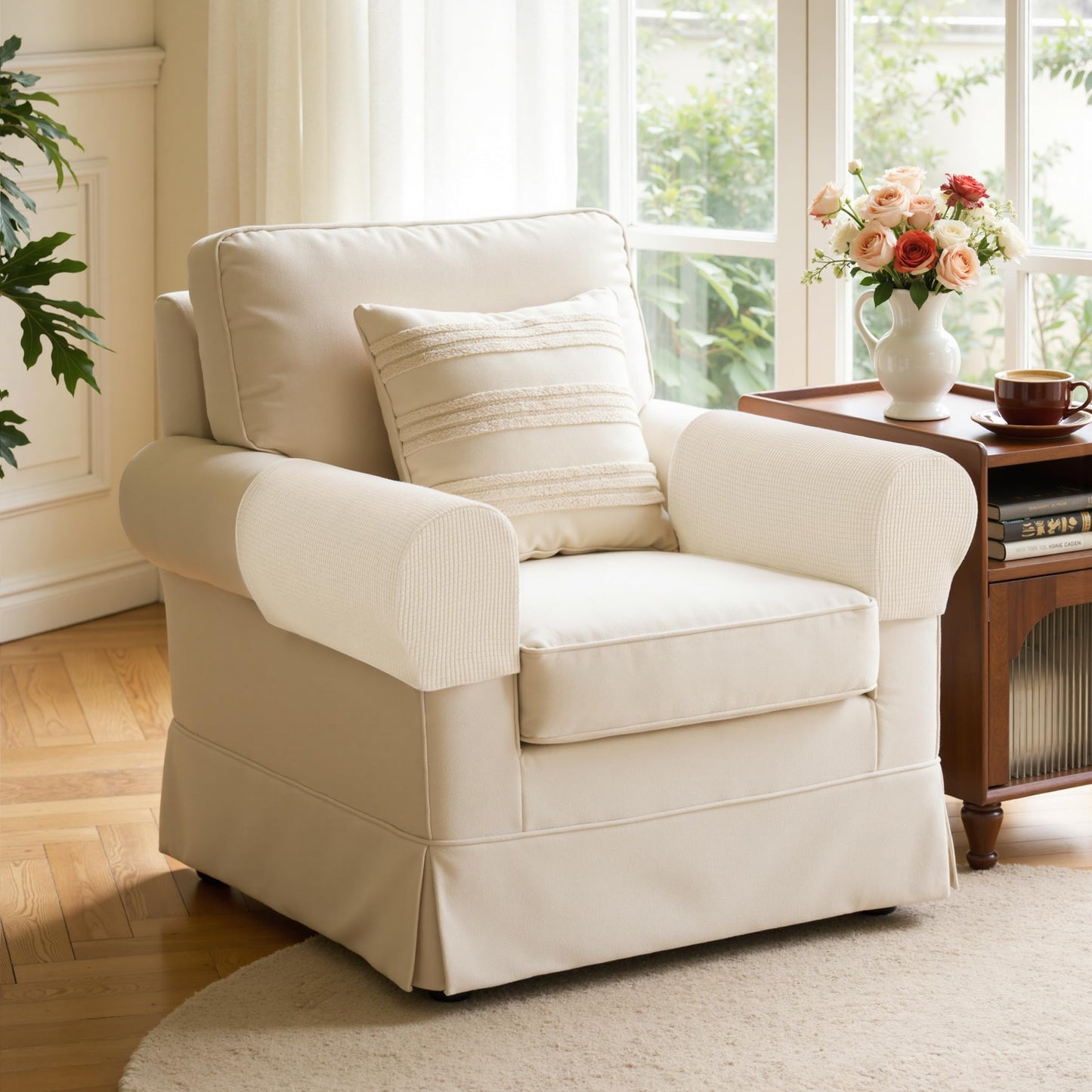 SUBRTEX Stretch Large Couch Arm Covers Set of 2, Checkered Sofa Arm Slipcovers, Anti-Slip Armrest Covers for Recliner and Armchairs, Pet Proof, High Stretchy, Hook & Loop Tape,Ivory (Large,Ivory)
