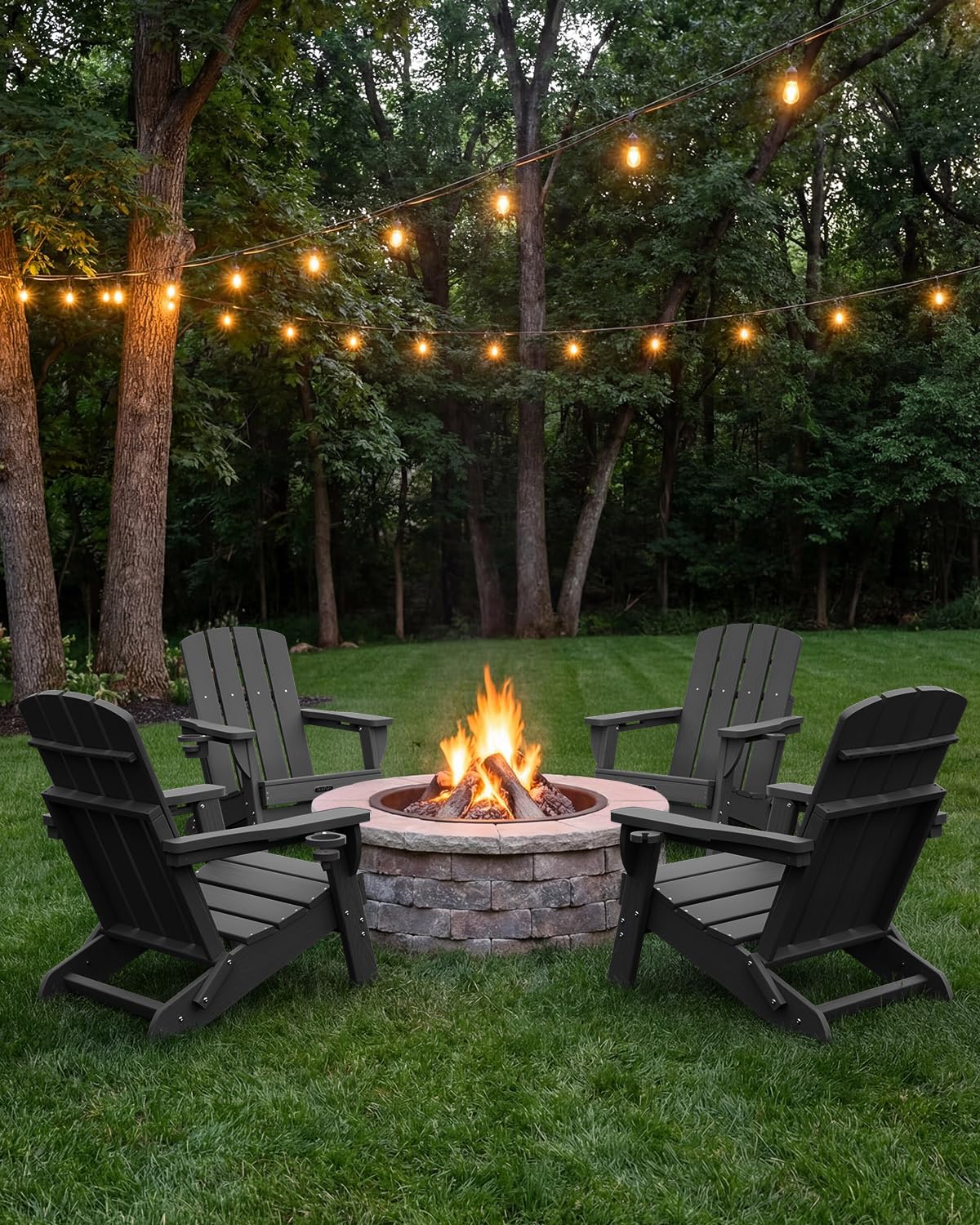 SUUNYN Folding Adirondack Chair, HDPE Adirondack Chairs with 2 Cup Holder, Plastic All-Weather Fire Pit Chairs, Outdoor Lawn Chair for Patio Garden (Black)