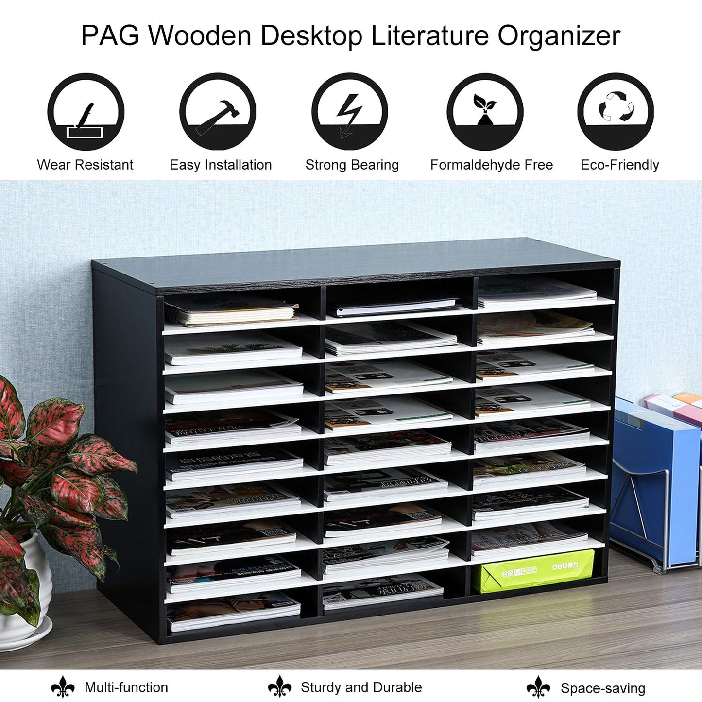 PAG Mail Sorter Organizer, Wood Literature Organizer, Student Mailbox for Classroom, Desktop Bill Paper Organizer for Office Home School, 27 Compartments, Black&White