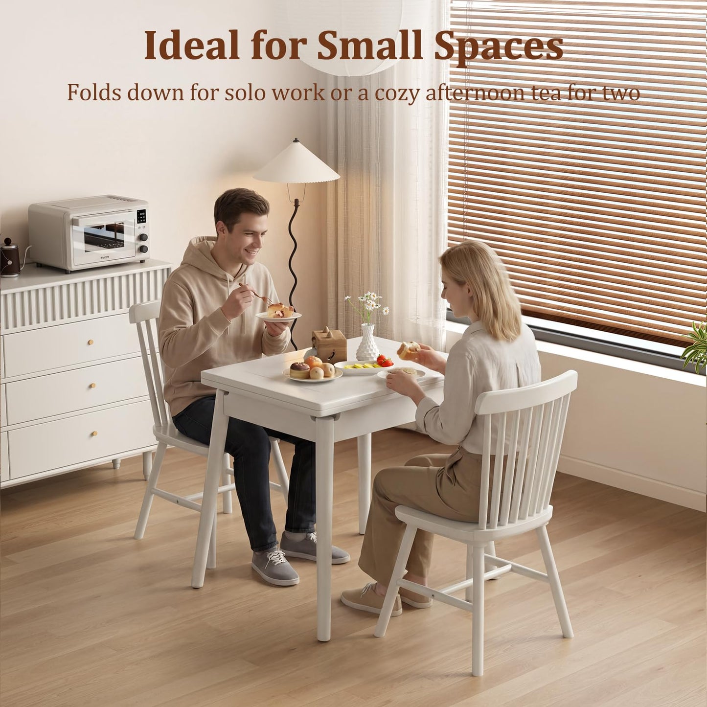DONGMUWUJEE Solid Wood Small Dining Table for 2-6, 23.6"L-47.2"L Expandable Kitchen Table, Designed for Small Spaces, Easy Assembly, Suitable for Kitchen, Dining Room, Living Room, Apartment (White)