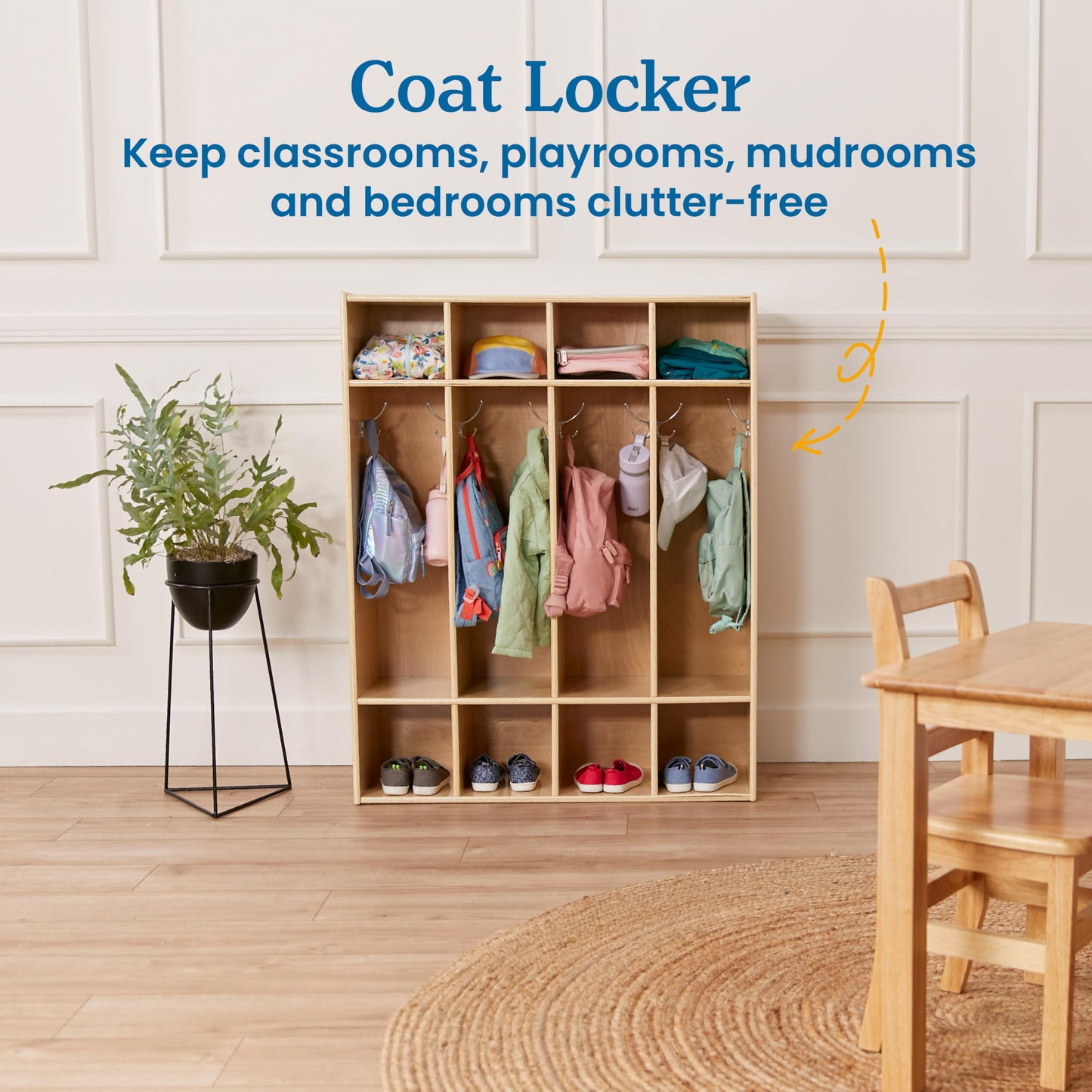 ECR4Kids Streamline 4-Section Coat Locker with Cubby Storage, Classroom Furniture, Natural