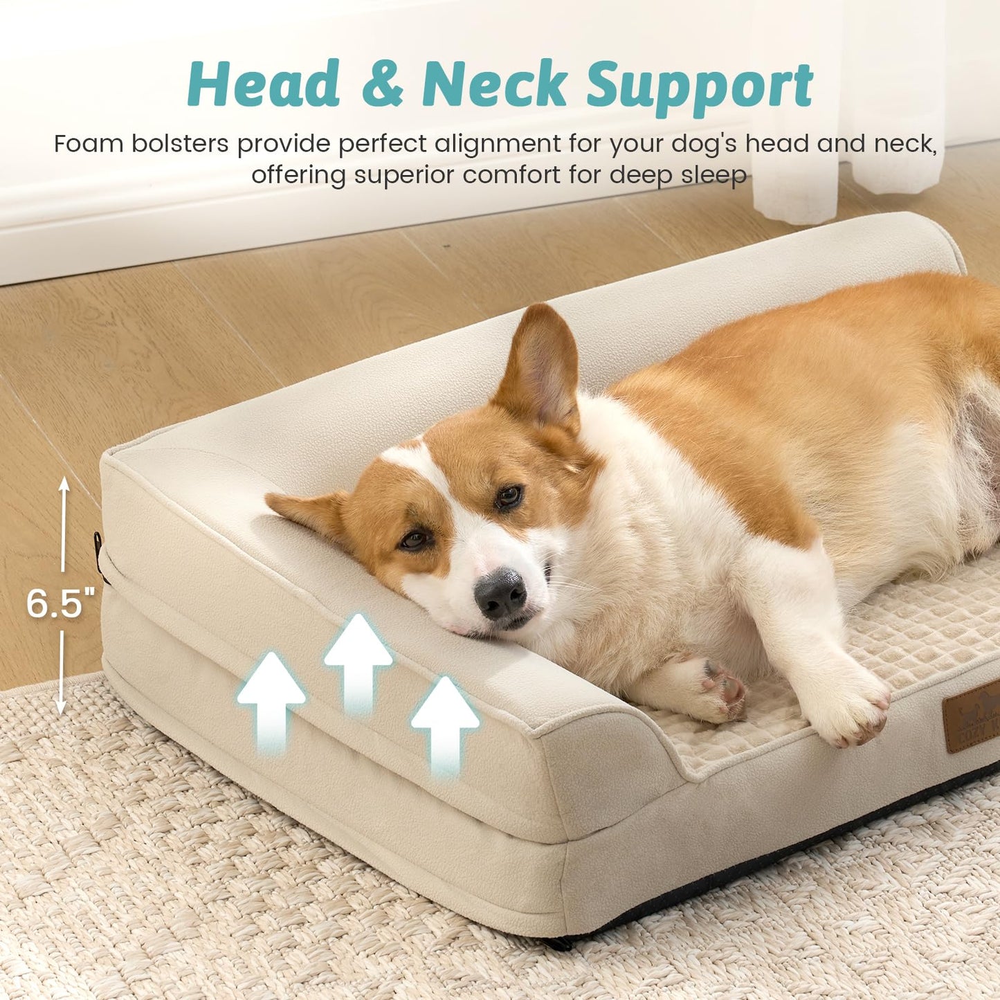 COZY KISS Orthopedic Dog Bed for Large Medium Size Dog, Dogs Crate Bed, L Shaped Foam Anti-Slip Bottom Pet Cat Sofa with Washable Removable Cover, Suitable for Pet Up to 75 lbs, 36x27x6.5 inch, Beige