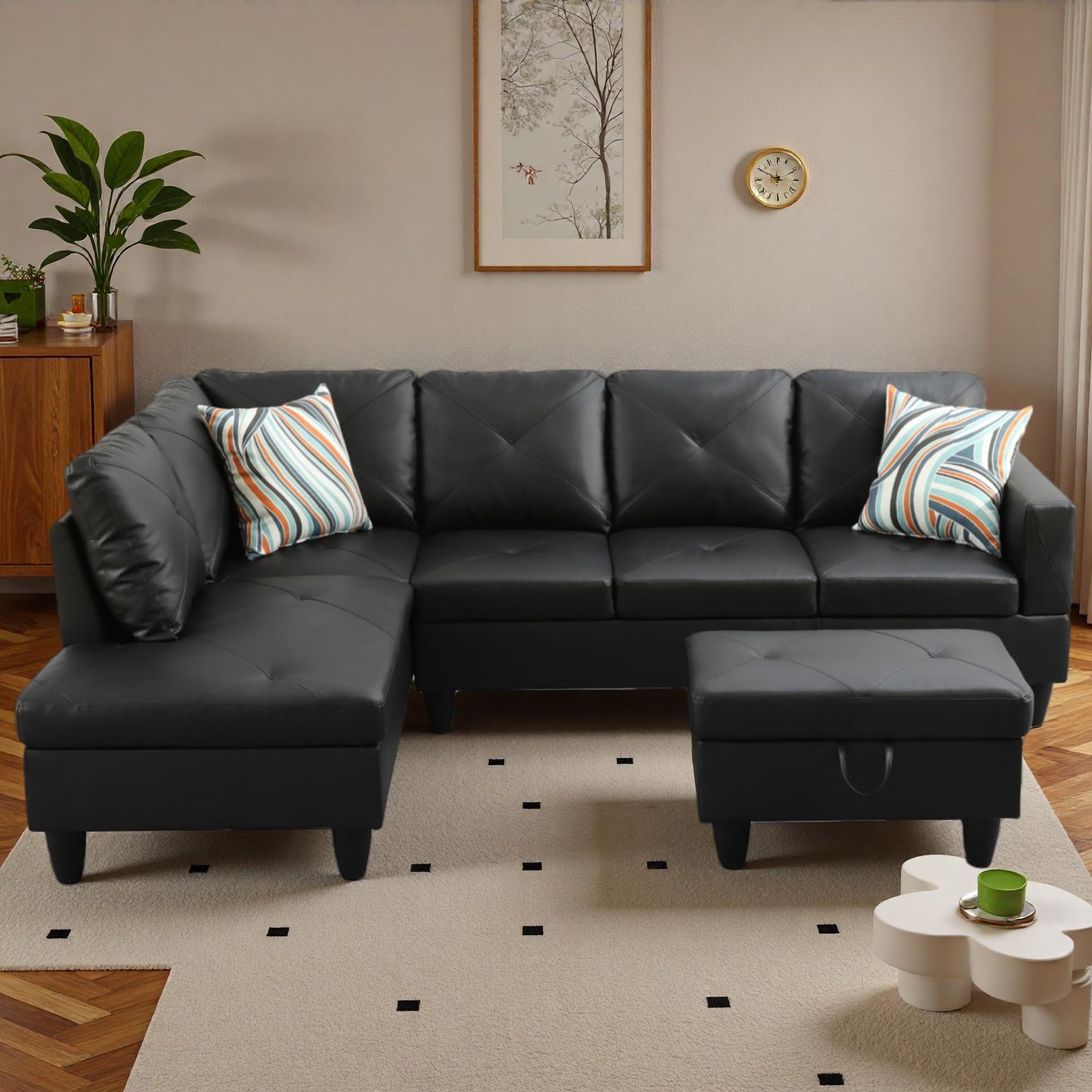 Trygoal 97" Leather 4-Seat L-Shaped Sectional Sofa with Movable Chaise & Storage Ottoman - 3-Piece Modular Convertible Couch for Living Room, Bedroom, Apartment & Office, Gloss Black
