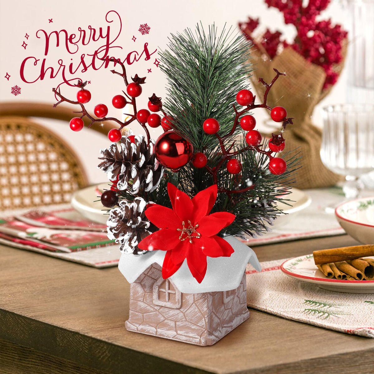 Small Christmas Tree Tabletop Artificial Mini Christmas Tree Decorations with Holiday Ornaments Red Berry Pine Cone Greenery for Home Indoor Fireplace Mantel Xmas Decor (Cabin-Red Flowers)