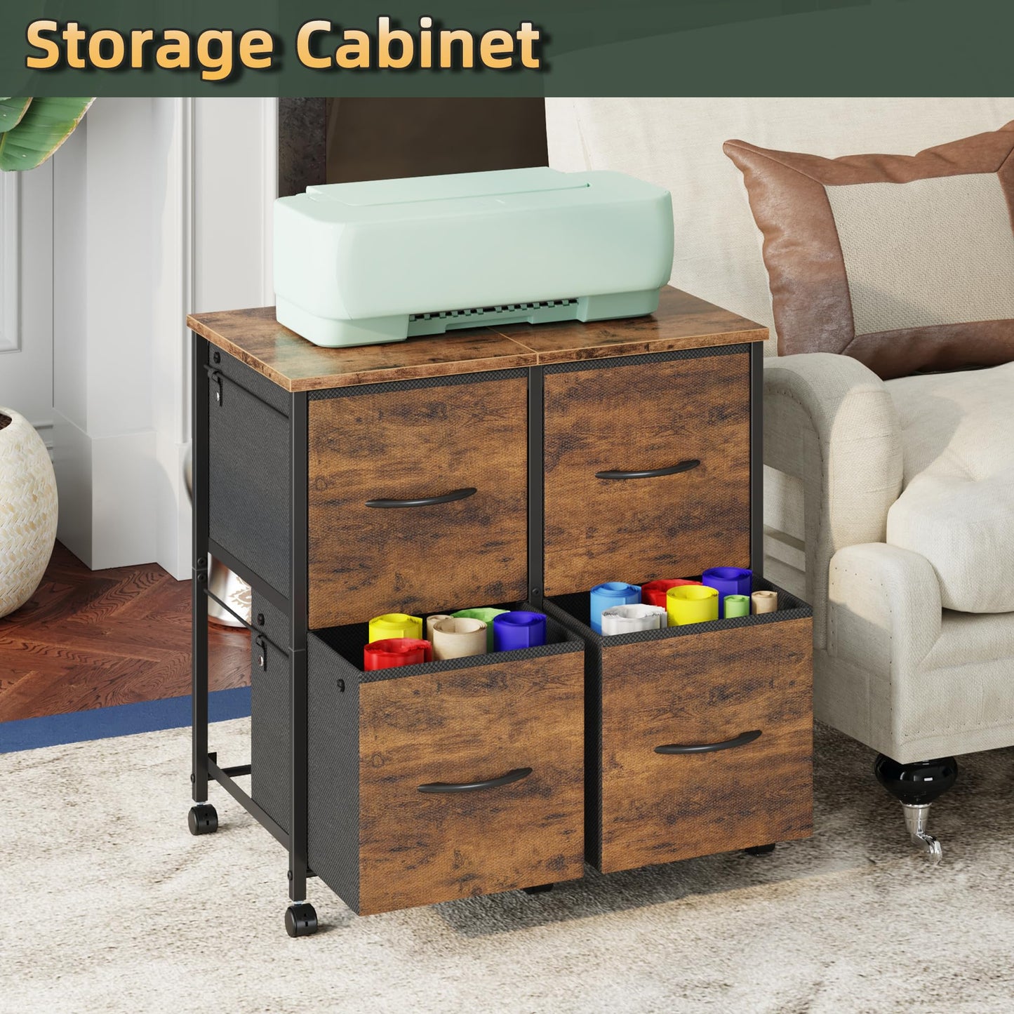 HIGDBFE 4 Drawer Lateral File Cabinet, Mobile Filing Cabinet for Large Printer, Home Office Functional Office Storage Cabinet & Printer Stand, Fits Letter/A4, No Legal, Fabric Drawer, Rustic Brown