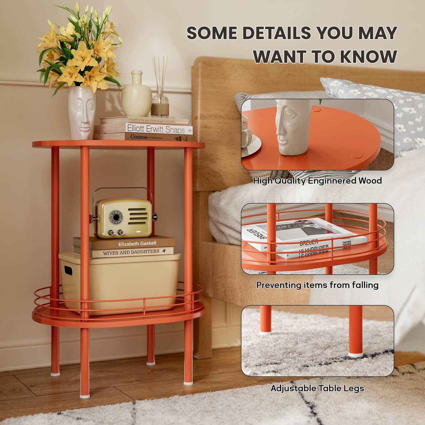 Small Modern Oval Side Table with Storage,2-Tier Side Tables Living Room,Sturdy Nightstand for Small Space - Living Room, Bedroom, Bathroom, Nursery,（1 PC,Orange）