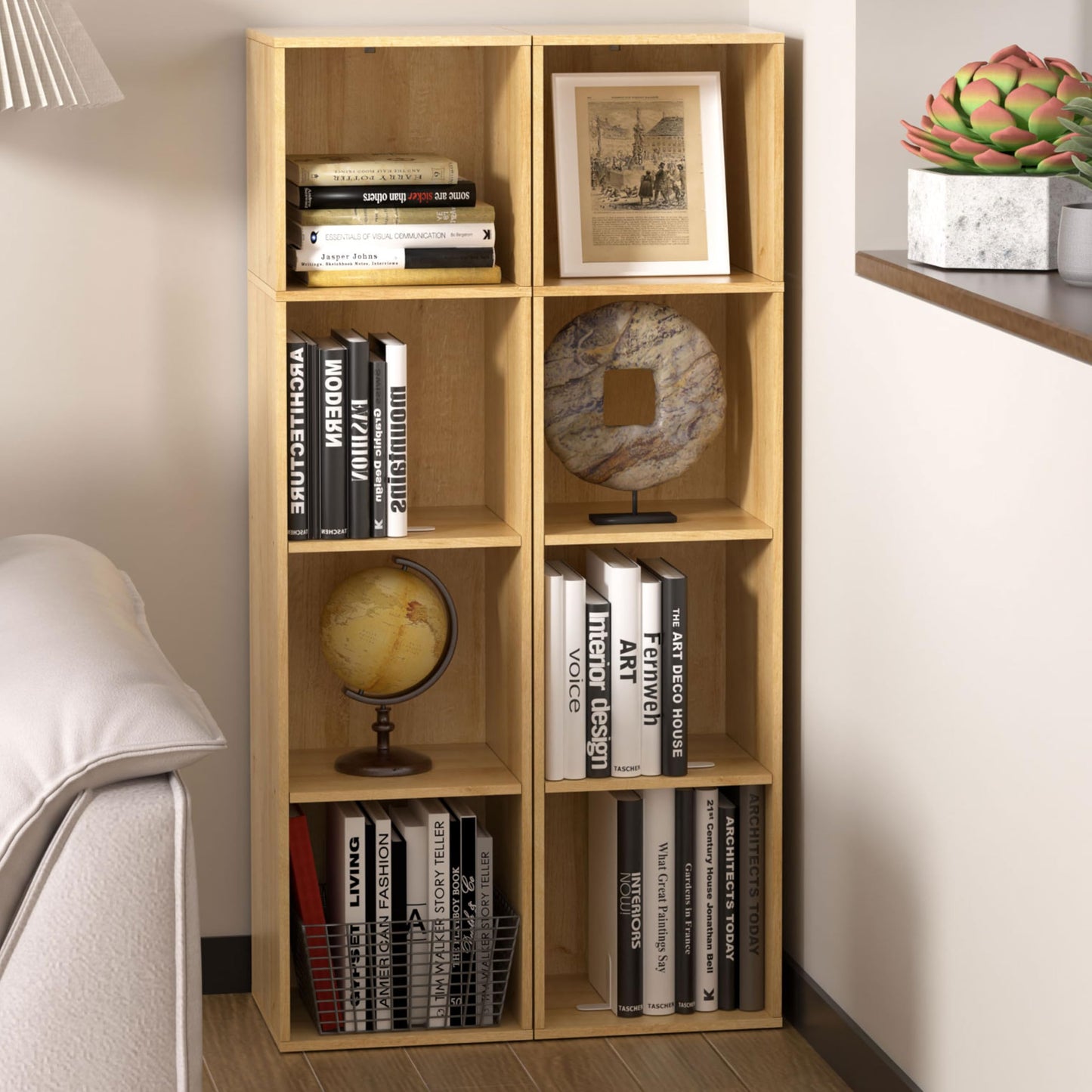 NewBeth 4 Cube Storage Organizer, 4 Tier Cube Low Bookcase Freestanding Storage Display Organizer, Four-Cubes Open Shelf Bookshelf for Home Office (Oak, 4-Cube)