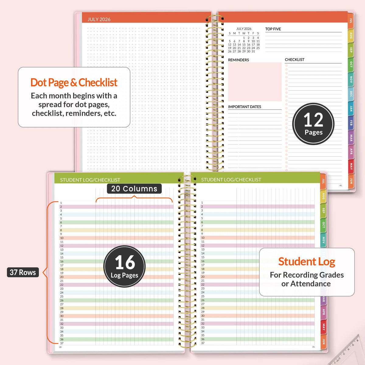 SUNEE Deluxe Teacher Planner 2026-2027, Lesson Planner Book with 7 Periods Jul 2026 - Jun 2027, 8.5" x 11" Daily Weekly and Monthly Organizers with Colorful Tabs, Planning Stickers,120gms Paper, Pink