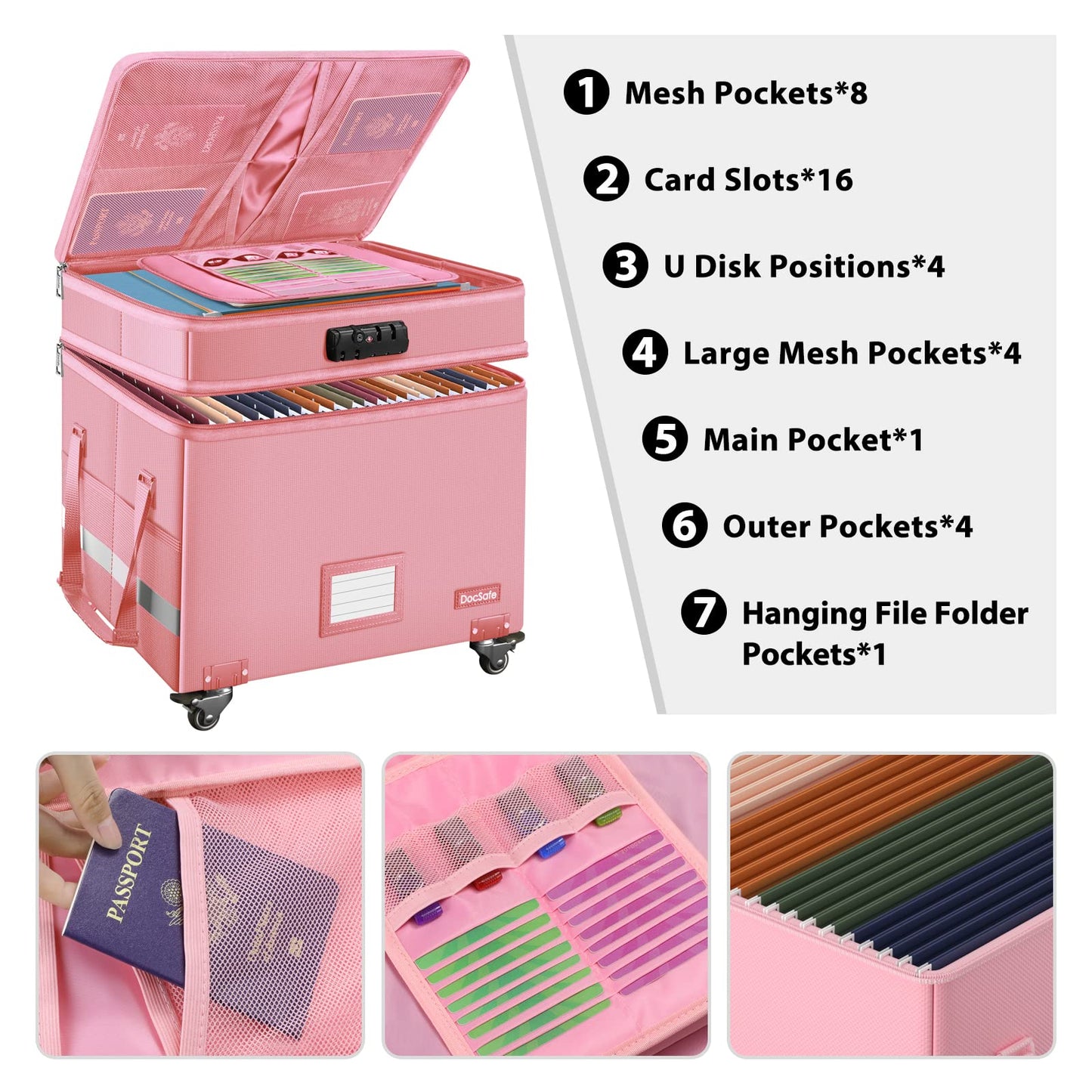 DocSafe File Box with Lock,2-Layer Fireproof Document Box with Wheels,Collapsible Rolling File Storage Organizer with Pockets,Large Portable Home Office Filing Cabinet Safe for Hanging Folders,Pink