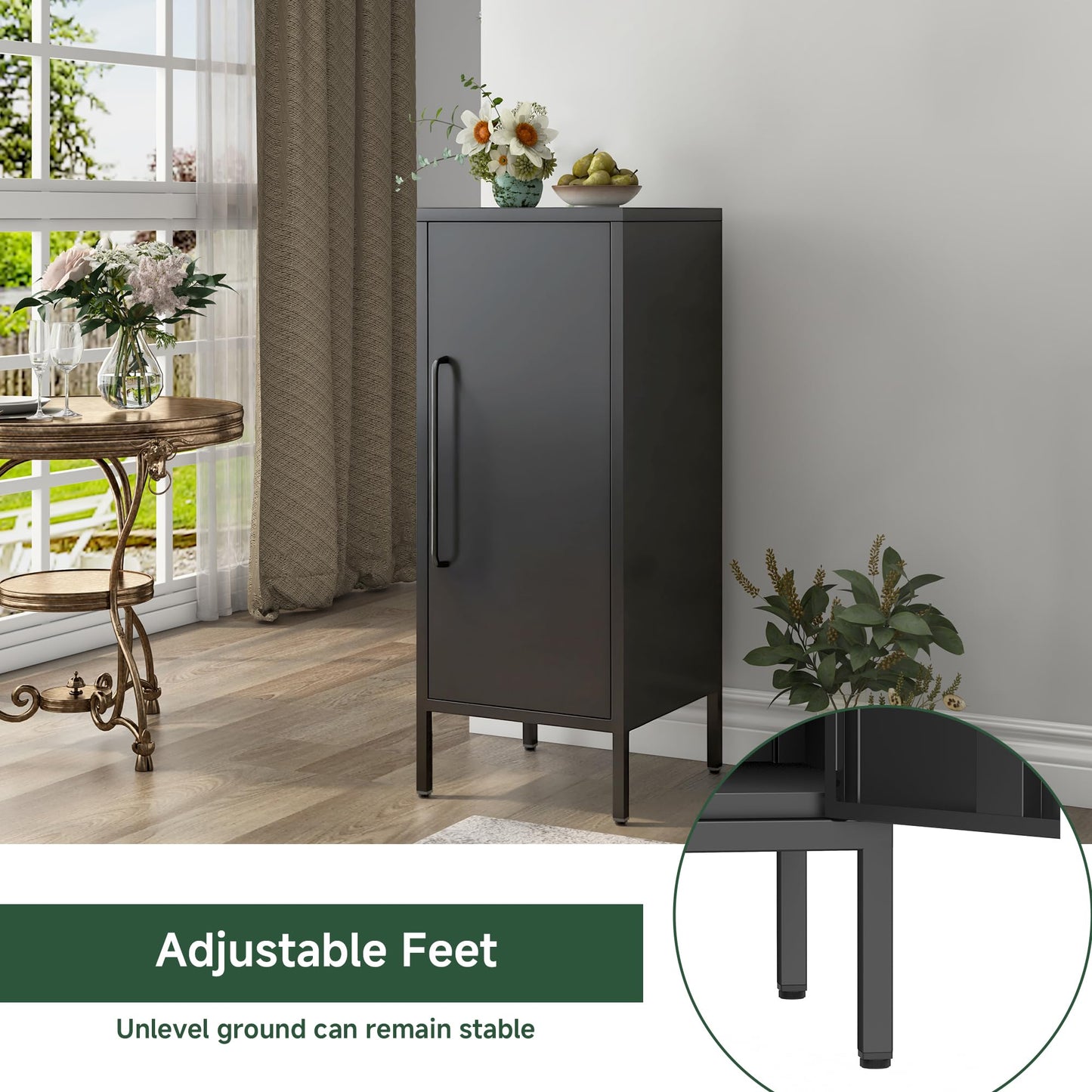 PEROKIER Metal Storage Cabinet with Door & 2 Adjustable Shelves 39.5” Small Storage Cabinet with Magnetic Closure for Home Office Garage Kitchen (Black)