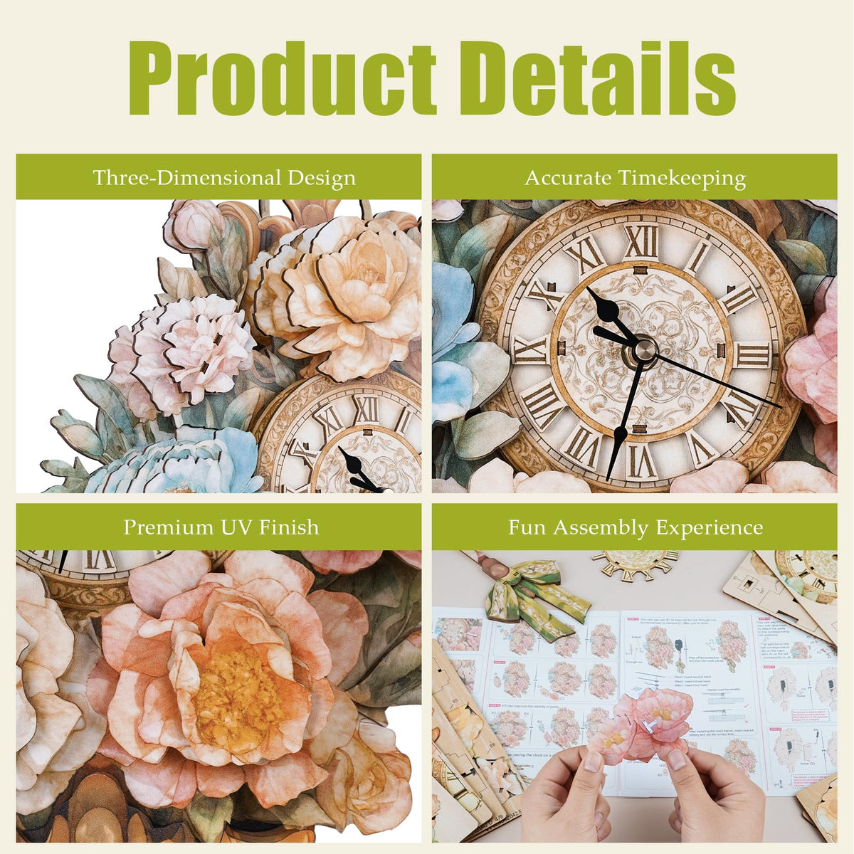 Rnfinewow 3D Wooden Puzzles for Adults, Flower Clock with Pendulum Model Kit, 3D Puzzles for Adults Room Home Decor DIY Wall Clock Kit, Holiday Birthday Christmas Day Gifts for Men Women