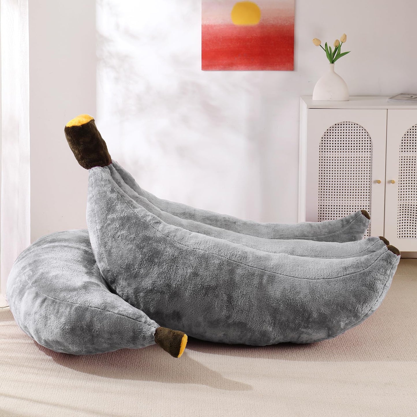 IEVENW Banana Bean Bag Chair with Ottoman, Floor Sofa Bed with Footrest, Comfy Convertible Lounger for Adults, Plush Couch for Bedroom, Living Room or Dorm, L-Grey