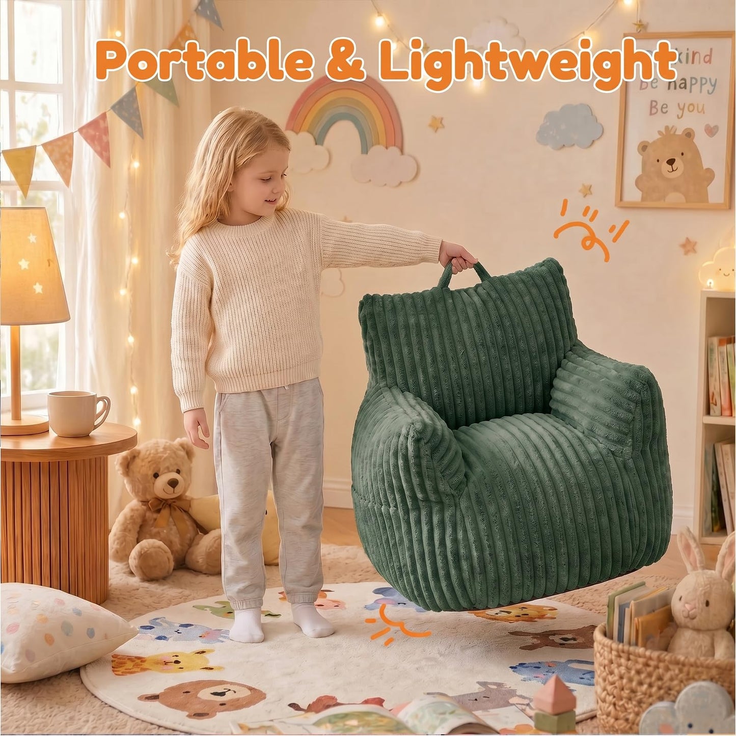 MaxiBean Bean Bag Chair - Plush Faux Fur Floor Seating Furniture Bean Bag Chair for Living Room, Bedroom, Playroom (2.5FT Stripe Green)
