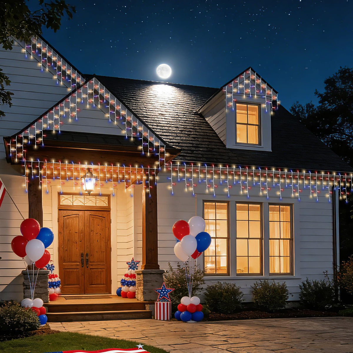 TWINGLEHOME 100 Incandescent Icicle String Lights with White Wire, Multifunctional Modes Lighting (Red, White, Blue) for Nation Day