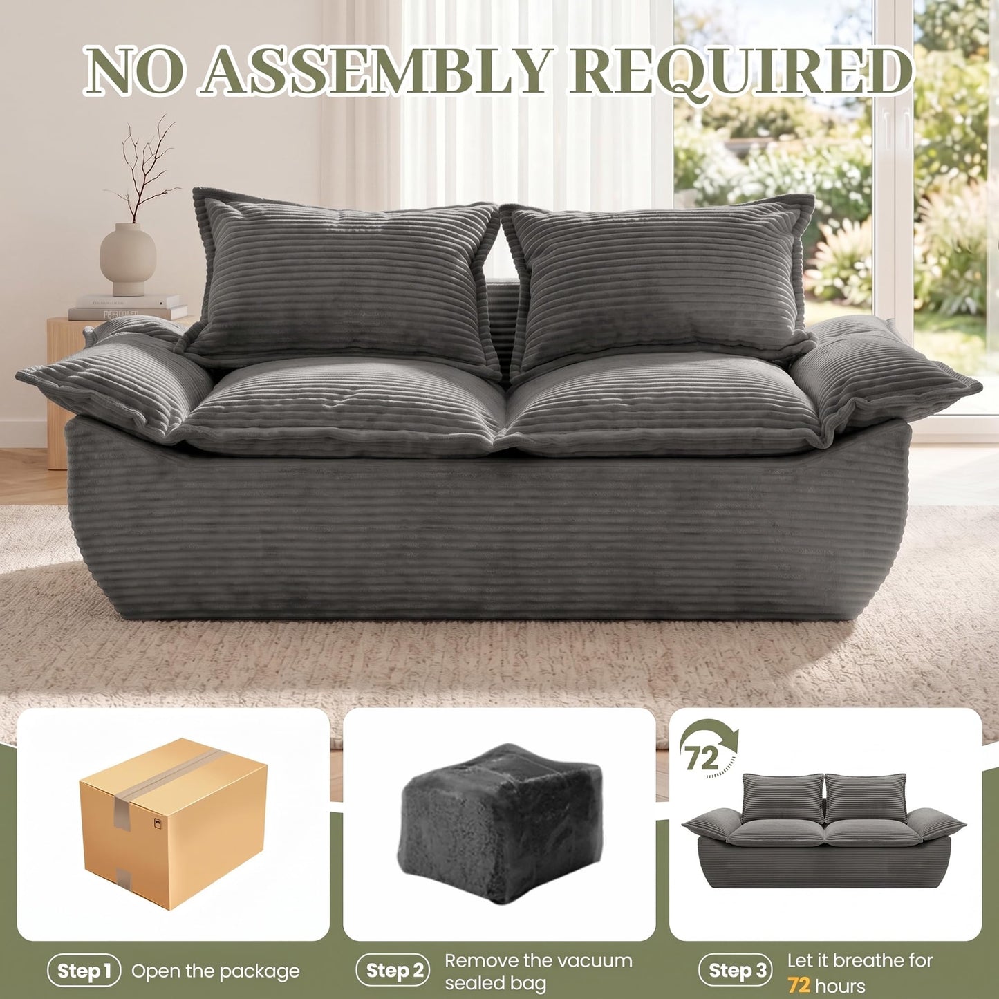 JUIKURY 55" Convertible Corduroy Sofa Bed, Boneless Foldable Loveseat Sleeper Couch, Compressed Foam Floor Sofa with Removable Cushions & Pillows for Small Space Living Room