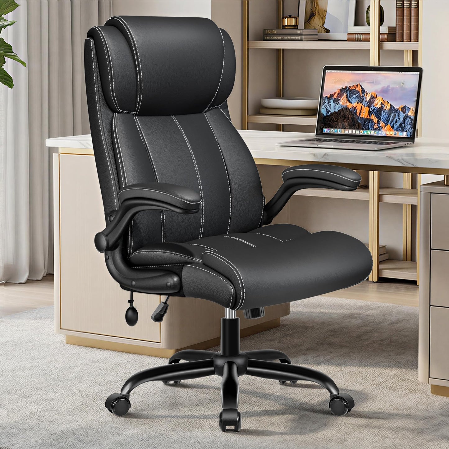 Stella Mia Ergonomic Office Chair – High Back Executive Leather Desk Chair with Inflatable Lumbar Support for Back Pain, Heavy-Duty Computer Desk Chair for Long Workdays, Black
