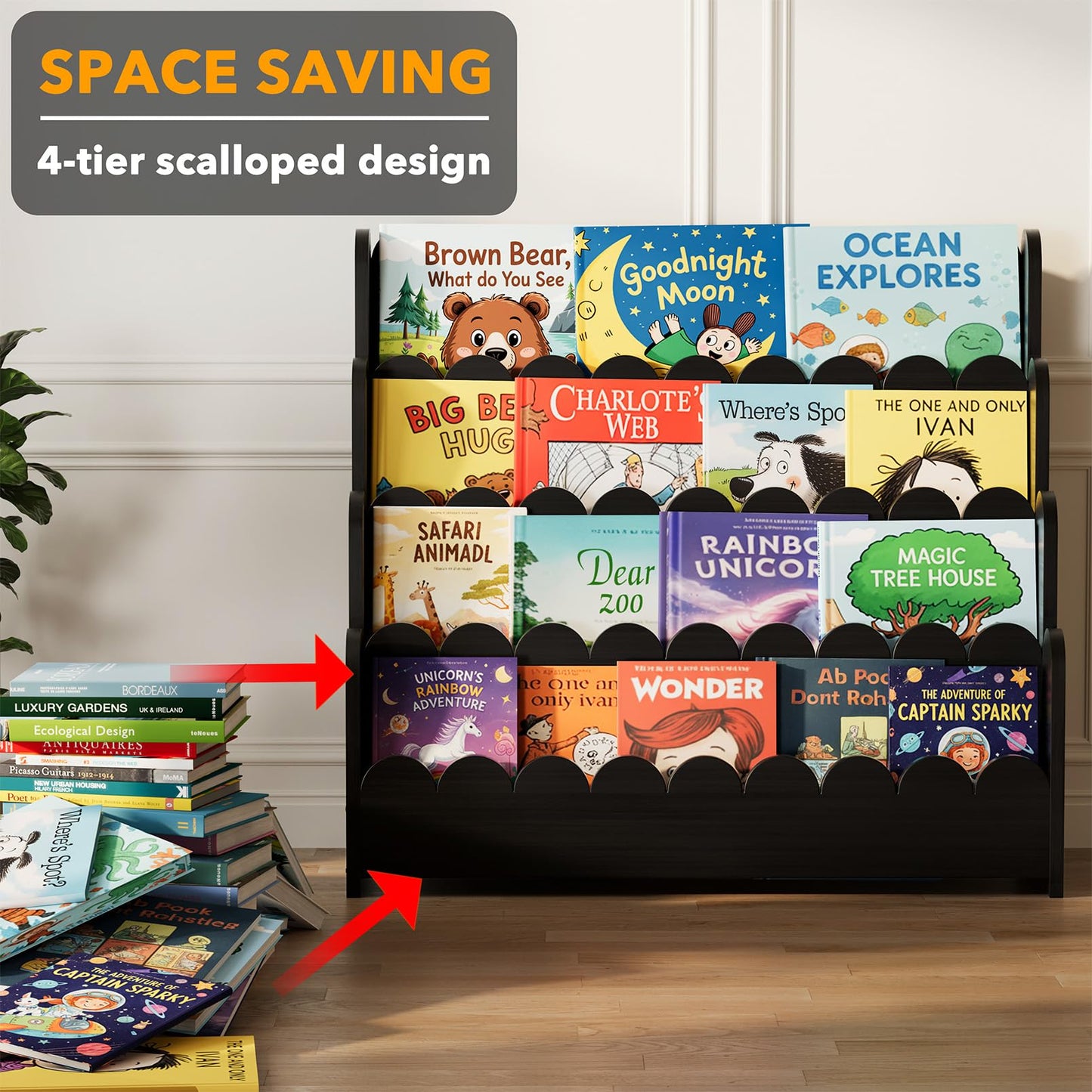 SpaceAid 4-Tier Scalloped Bookshelf, Montessori Bookcase for Toddlers, Wooden Book Shelf Organizer Display Furniture for Kids Rooms, Playroom, Nursery and Classroom, 29.6“ Wide, Black