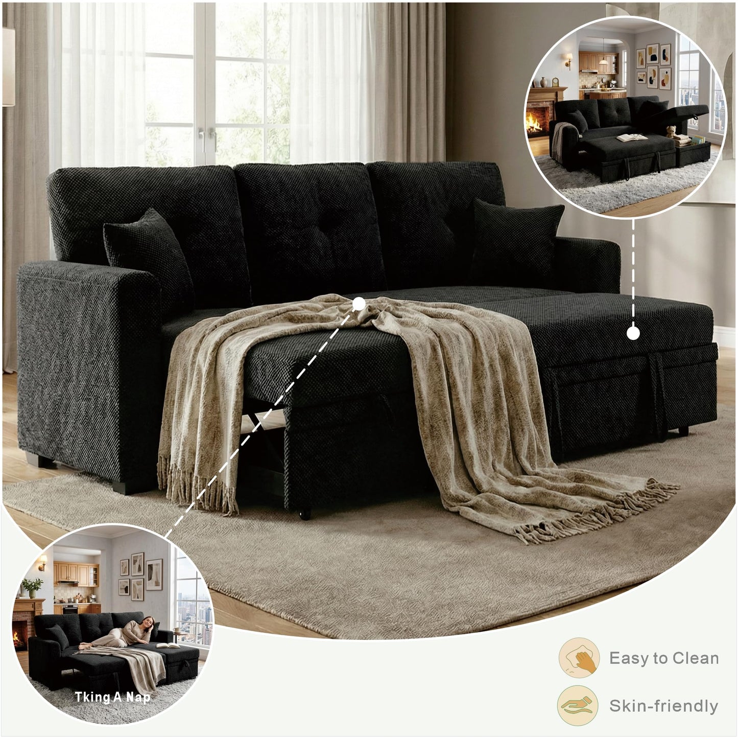 WuerQi 71" Sofa Bed with Queen Size Pull Out Couch, Sectional Sleeper Sofa with Reversible Storage Chaise, L Shaped Couch for Living Room, Apartment and Small Spaces (Black-L)