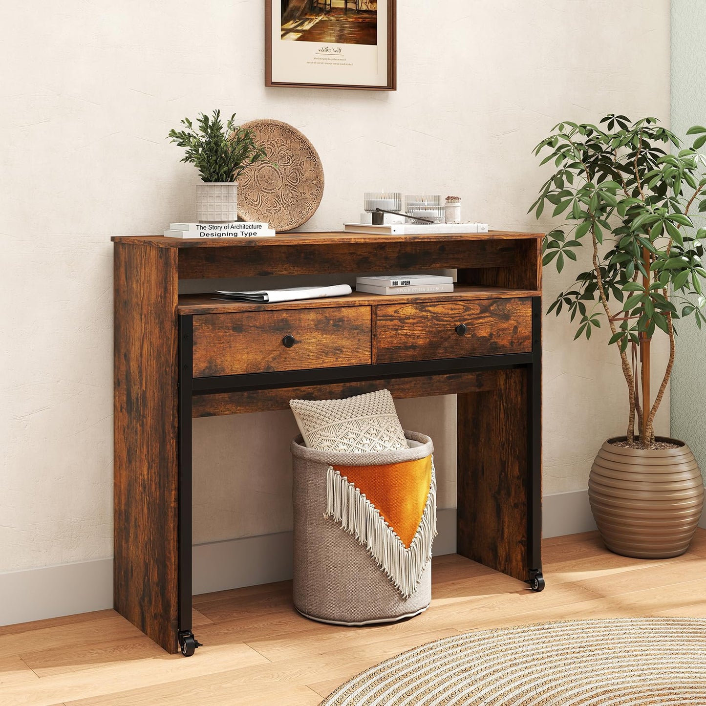 Giantex Small Computer Desk with Hutch & Drawers, Extendable Writing Desk w/Pull Out Secondary Table, Monitor Stand & Rolling Wheels, Console Table, Compact Desk for Small Spaces (Rustic Brown)