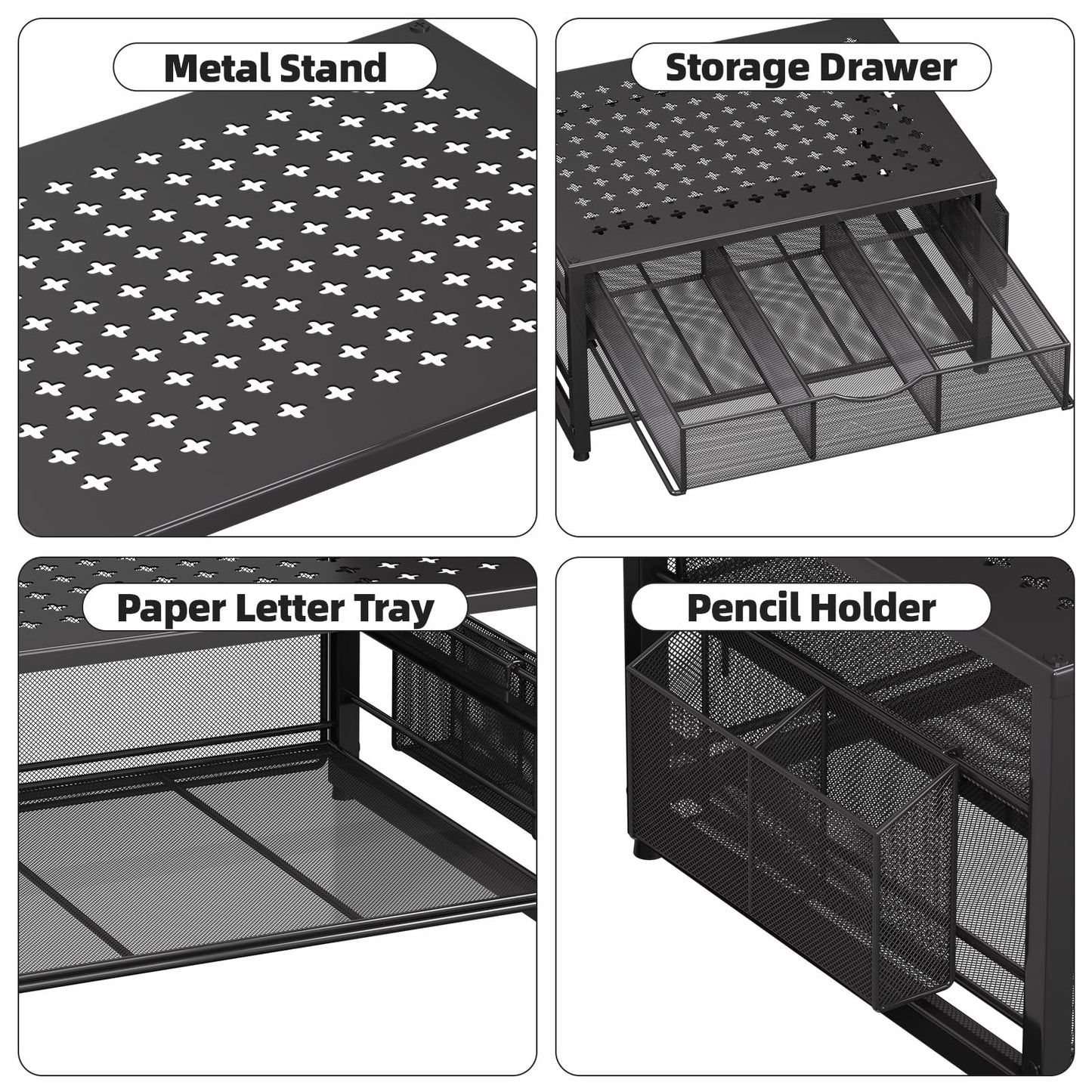 Marbrasse Metal Printer Stand for Desk with Storage Drawer and 2 Pen Holders, 2-Tier Desktop Organizer Printer Table for Home Office, Multi-Purpose Desk Organizer for Fax Machine Scanner Files(Black)