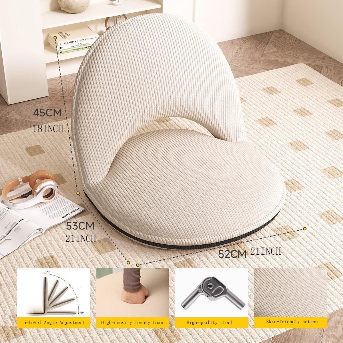 Floor Chair with Back Support, Foldable Lazy Sofa Chair for Adults, Adjustable Corduroy Gaming Reading Chair, Ergonomic Seat Cushion for Bedroom Bay Window Tatami Living Room, Beige