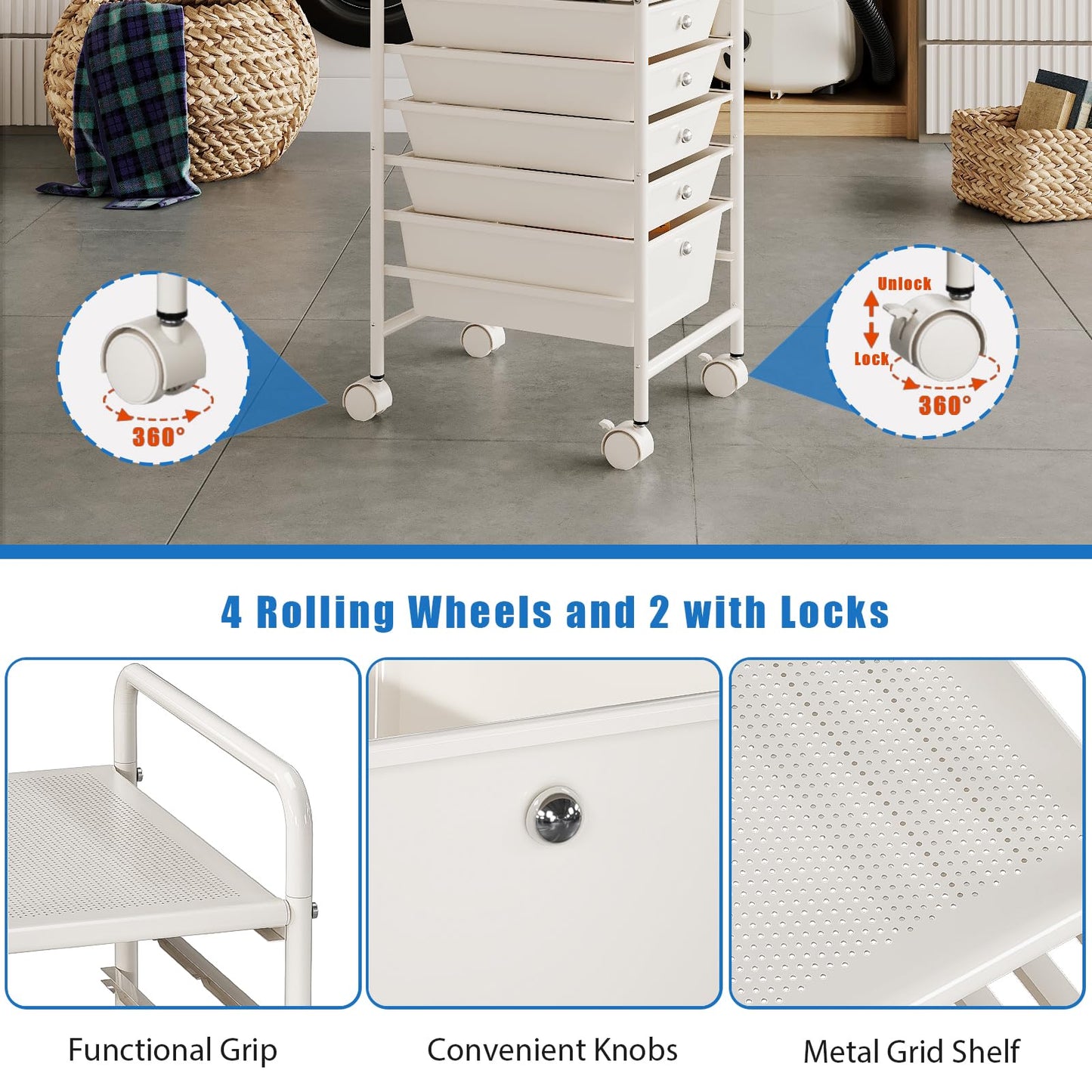 Shrivee 6-Tier Rolling Cart with 5 Drawers, Rolling Utility Cart with 2 Lockable Caster Wheels, Multipurpose Mobile Rolling Storage Drawer Cart for Office Bathroom Kitchen, Ivory White