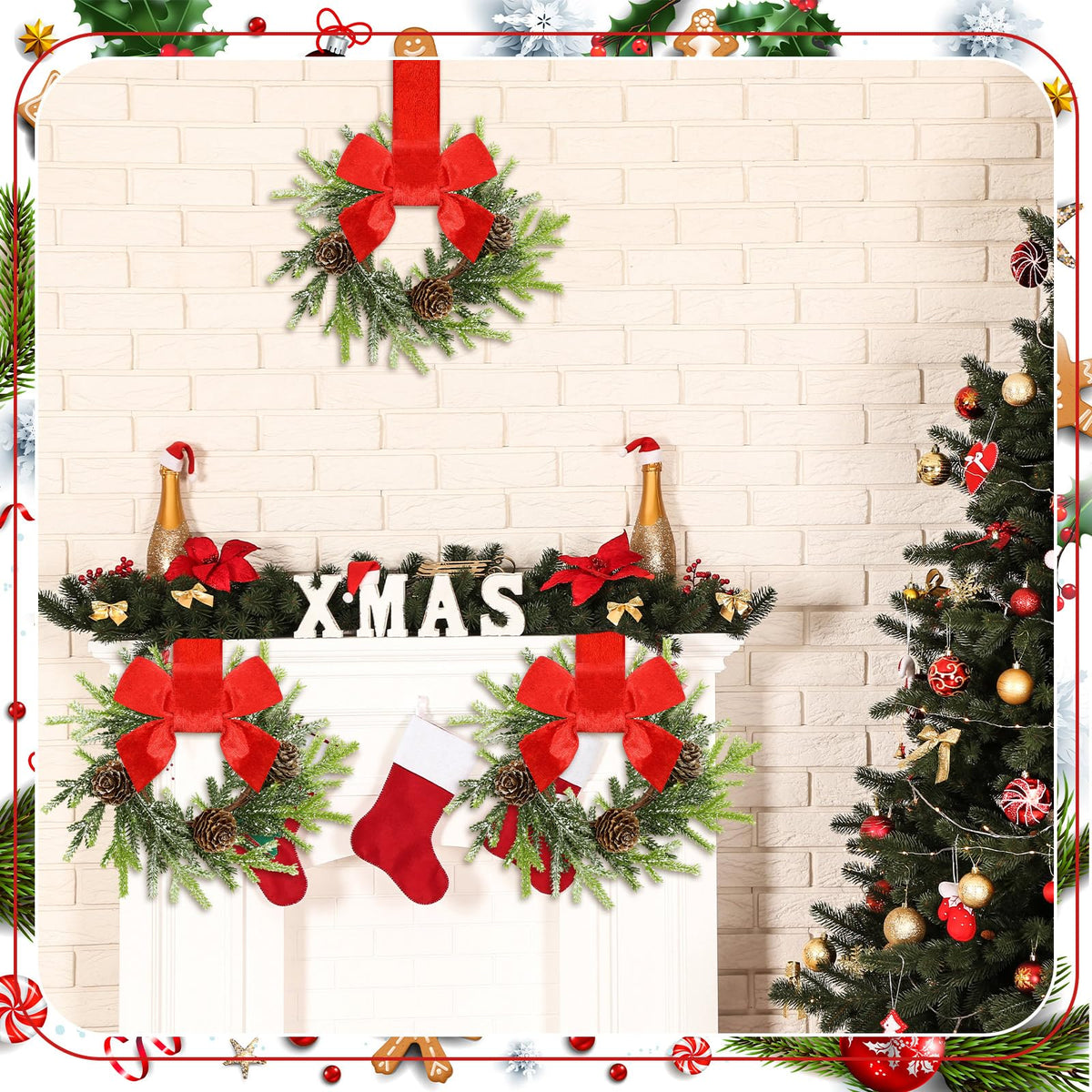 Dingion 6 Pcs 6 Inch Christmas Mini Cabinet Wreaths for Kitchen with Ribbon Bows Norfolk Pine Small Window Wreaths Garland for Door Window Farmhouse Christmas Party Decorations