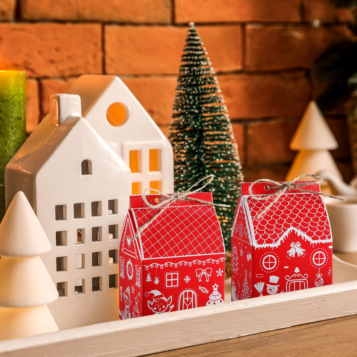 Zhanmai 48 Pcs Christmas Treat Boxes Candy Red Village Vintage Mini Gingerbread House Favor Box Christmas Party Paperboard Gift Boxes for Xmas Holiday Party Treat Cookie Goodie Snack Gift Packaging