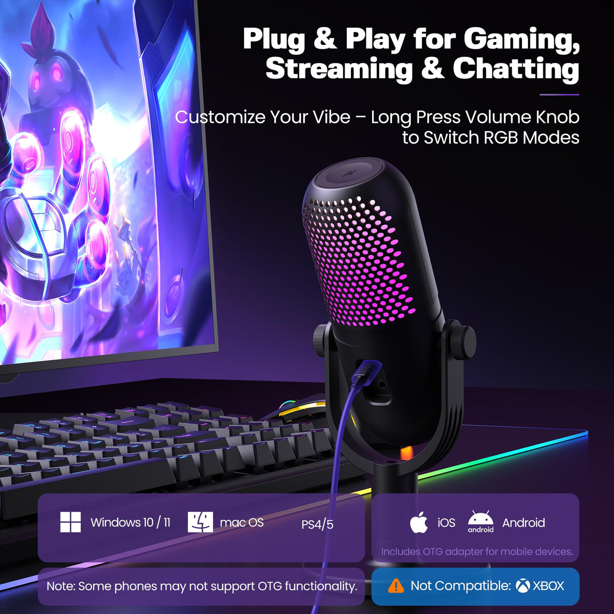 USB Microphone for PC Gaming: Condenser Microphone RGB for Gamer with Stand Mic - Recording Mic for Computer&Laptop with Qiuck Mute - Desk Podcast Mic for Podcast & Singing & Streaming & Youtube Black