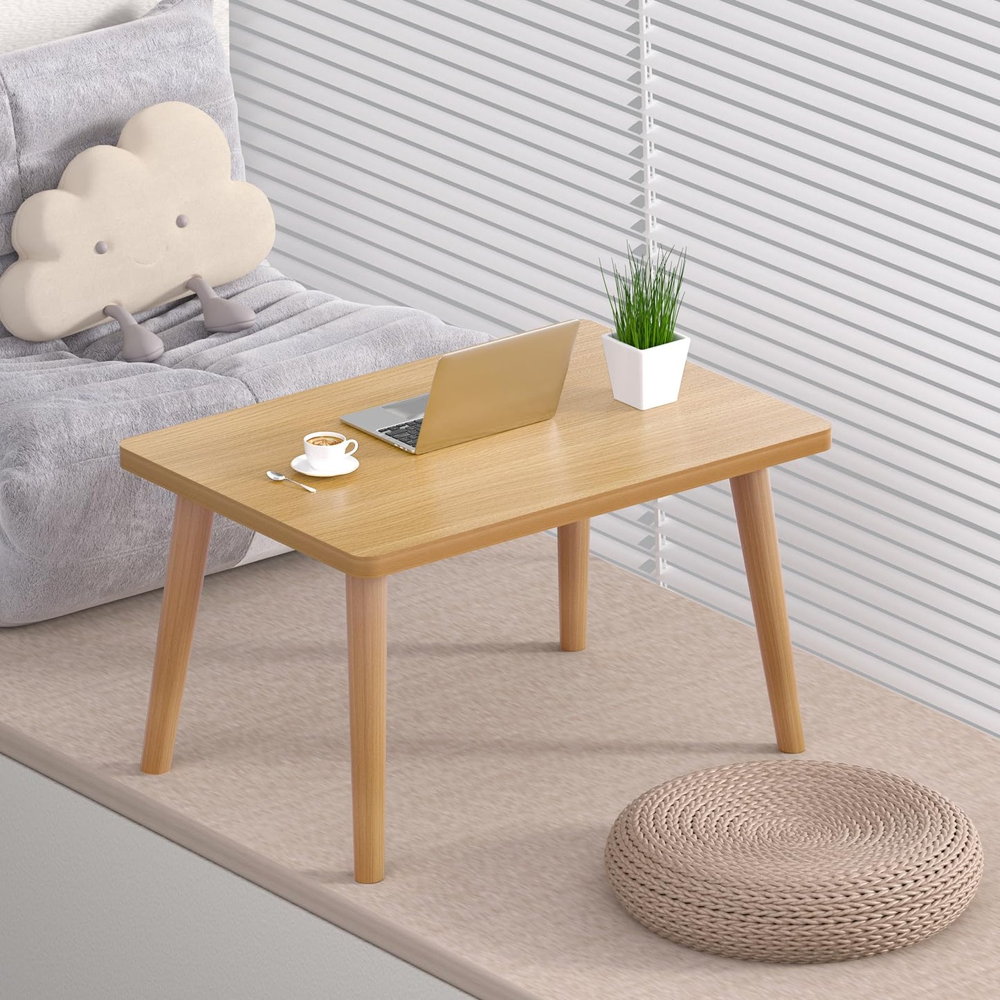 Coffee Table Low Table with 4 Solid Wood Leg, Floor Table Desk for Sitting on The Floor, Small Coffee Table for Small Space, Japanese Side Table for Living Room Apartment Home, Rectangle Brown