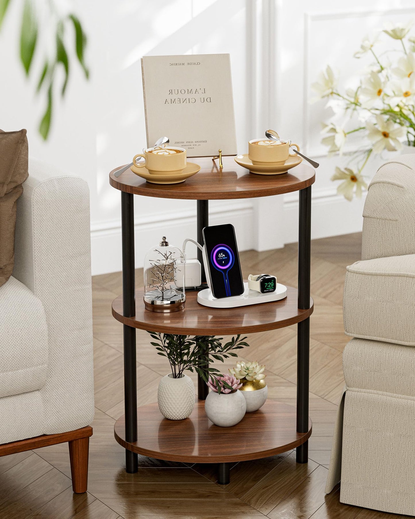 RISWER Small Round Side Table - 3-Tier Oval Accent Table for Small Spaces, Rustic Wood and Metal Nightstand for Living Room or Bedroom, with Built-in USB Ports and Power Outlet, Rustic Walnut