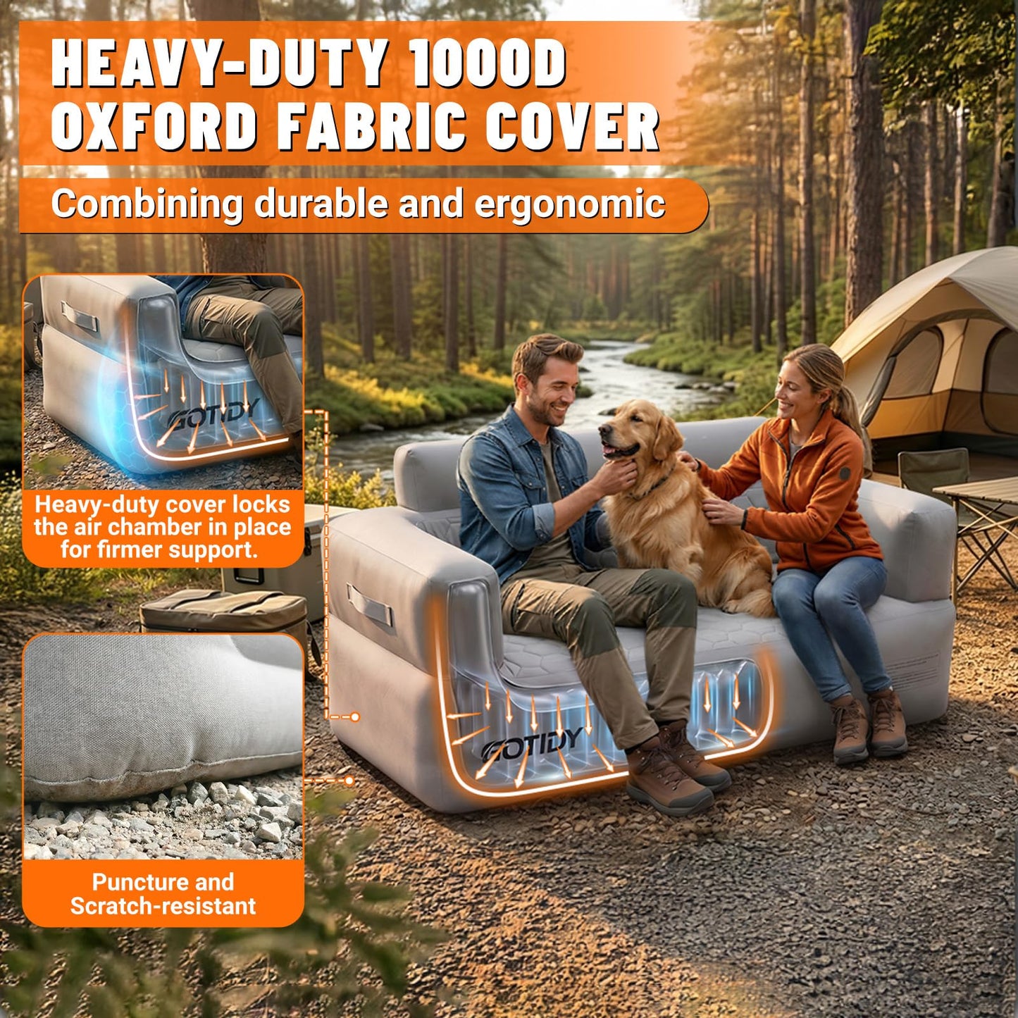 GOTIDY Inflatable Couch Loveseat with Footstool, Camping Couch with Detachable Built-in Pump, Inflatable Sofa with Breathable, Puncture-Resistant Fabric Texture Cover, Camping, Beach, Backyard Party