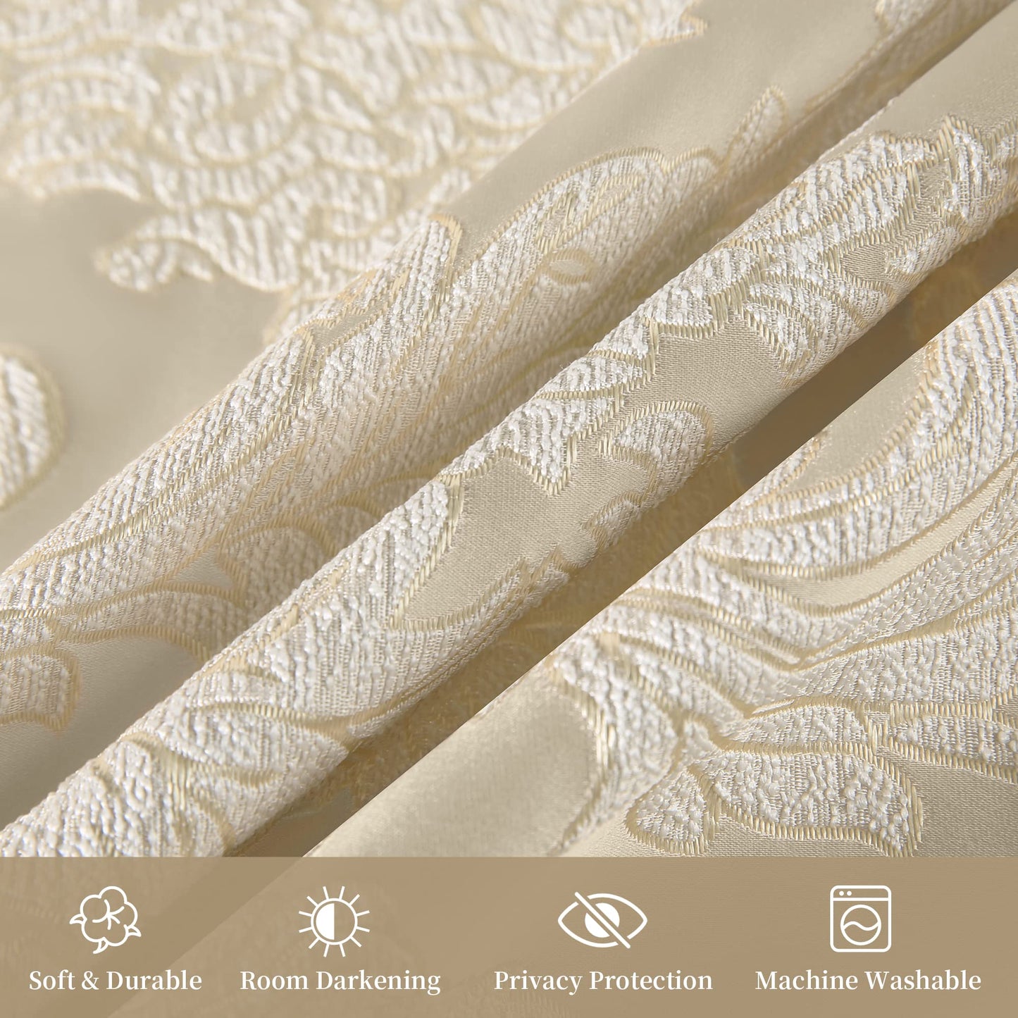 Loom and Mill Luxury Jacquard Curtains for Bedroom, Beige Damask Curtains 2 Panels with Tiebacks, Elegant Window Curtain for Living Room Holiday Banquet Decor(52”Wx 84”L, 2 Panels)