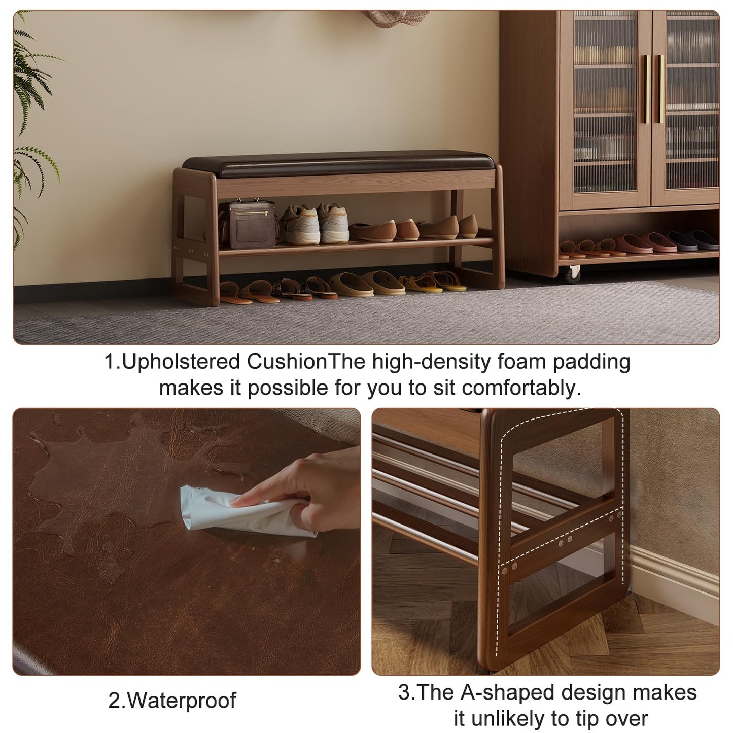 AQIMUELE Shoe Rack Bench,2 Tiers Shoe Bench with Storage with Flip-Top,Wood Shoe Rack for Entryway,Hallway（Dark Walnut Upholstered Seat,11.8" D x 39.3" W x 15.7" H）