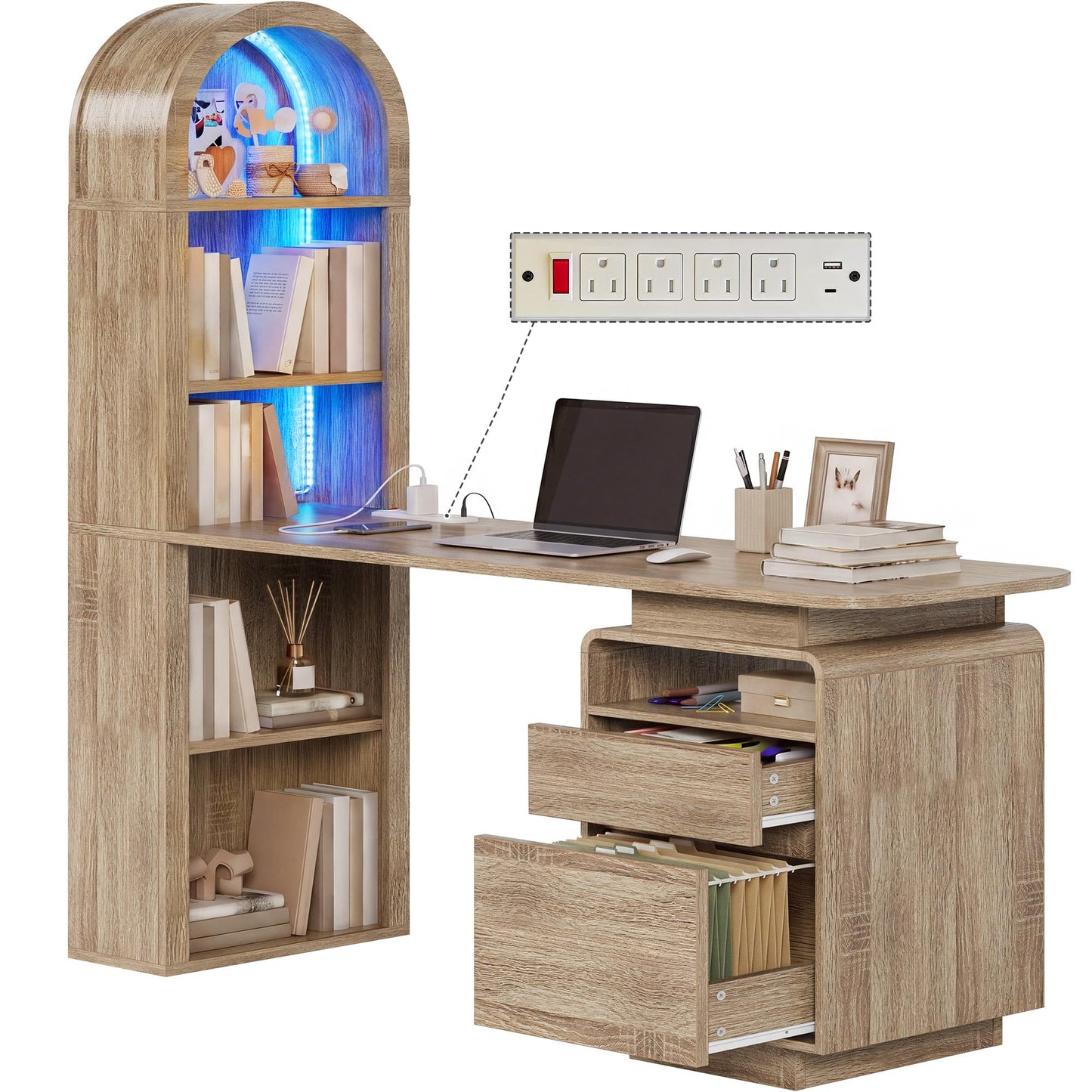 YITAHOME 59" Computer Desk with LED Lights & Power Outlets, Home Office Desk with Bookshelf, File Drawer & Storage Shelves, Gaming Desk with USB Ports, Modern Study Writing Table, Oak